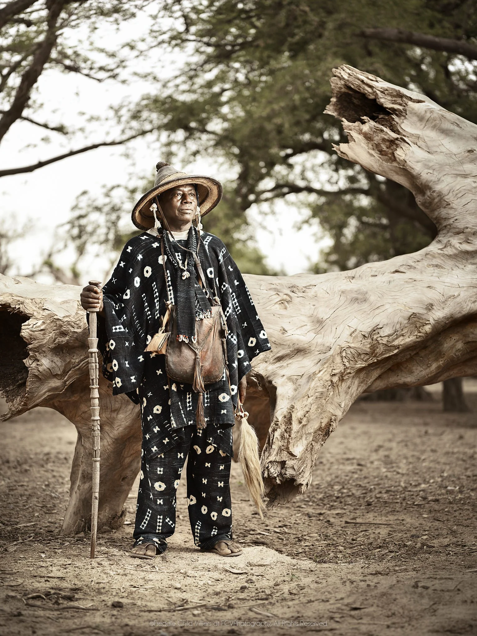 Eli in a patterned dark robe and broad hat holding a carved staff beneath a tree.