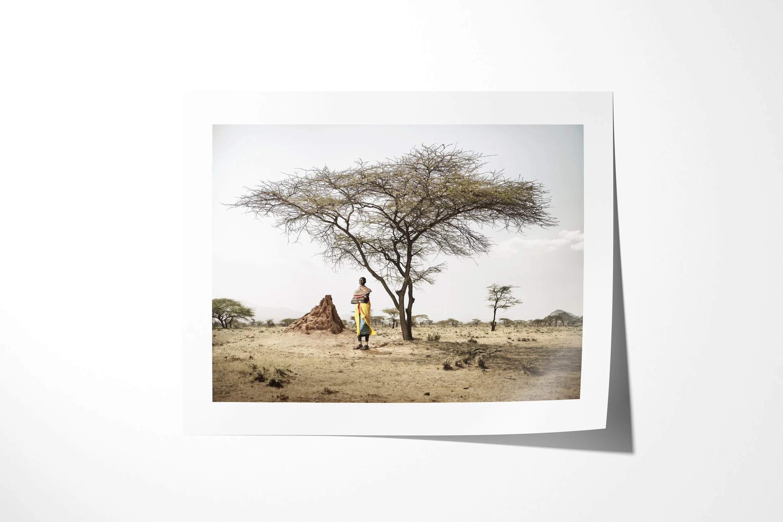 Fine art paper print of Kashiumbi, showing a Samburu woman in a bright yellow wrap standing beneath an acacia beside a termite mound.
