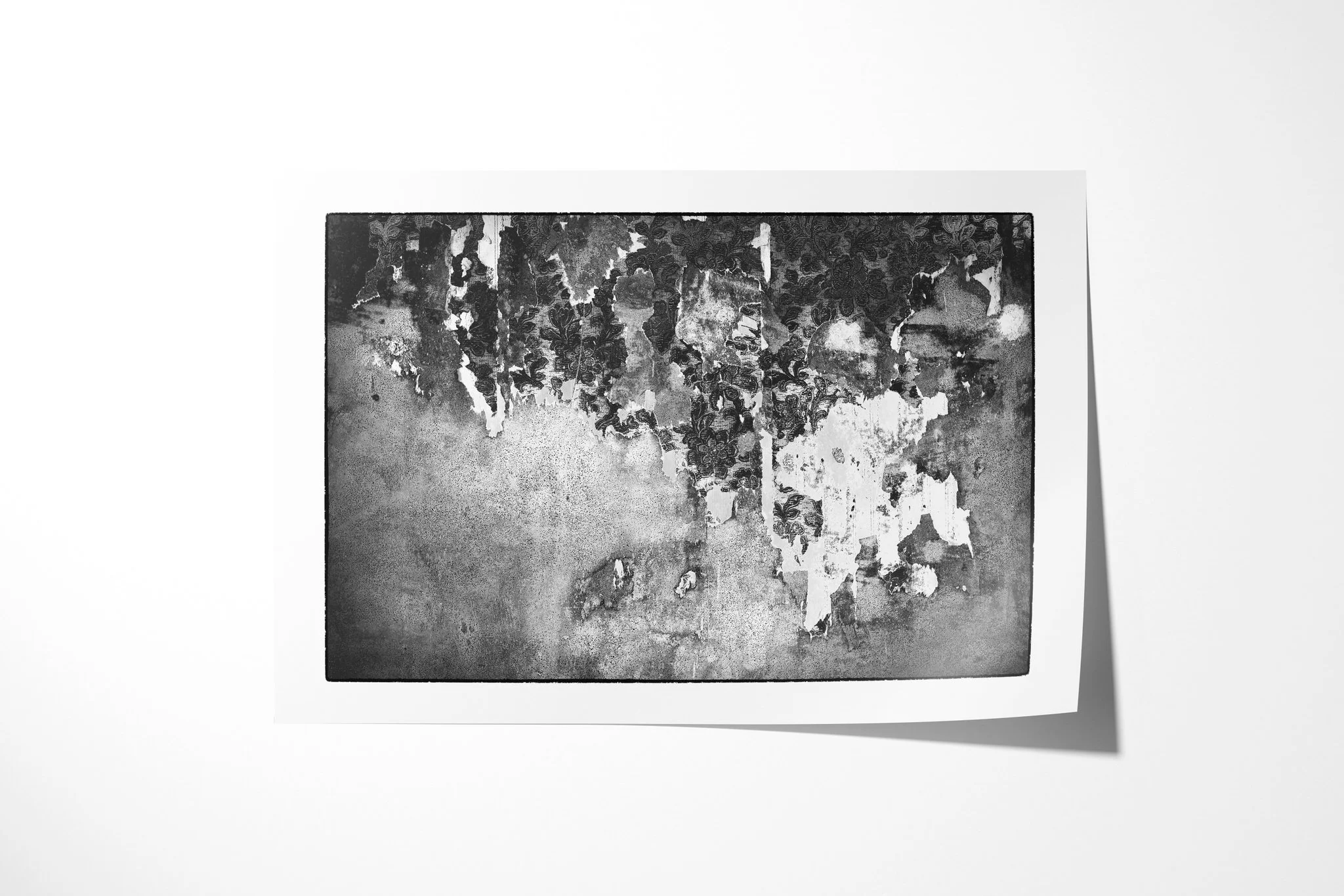 Unframed fine art paper print of Vestige, featuring a weathered wall surface with pale peeling layers exposing dark floral patterning beneath.