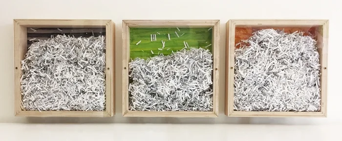Extremely Private, Triptych, each 12 x 12 x 2.5", paper shredded from the artist's personal journals, rice paper.