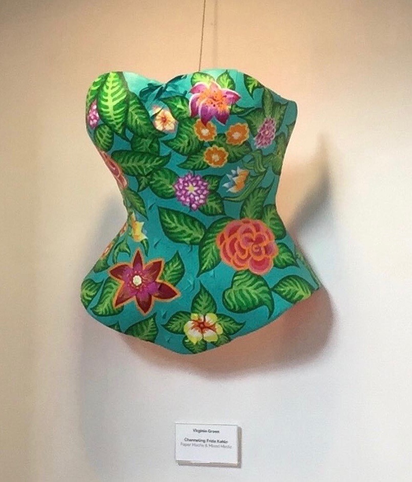 Channeling Frida Kahlo, paper mâché and mixed media, 16 x 13 x 6”.
