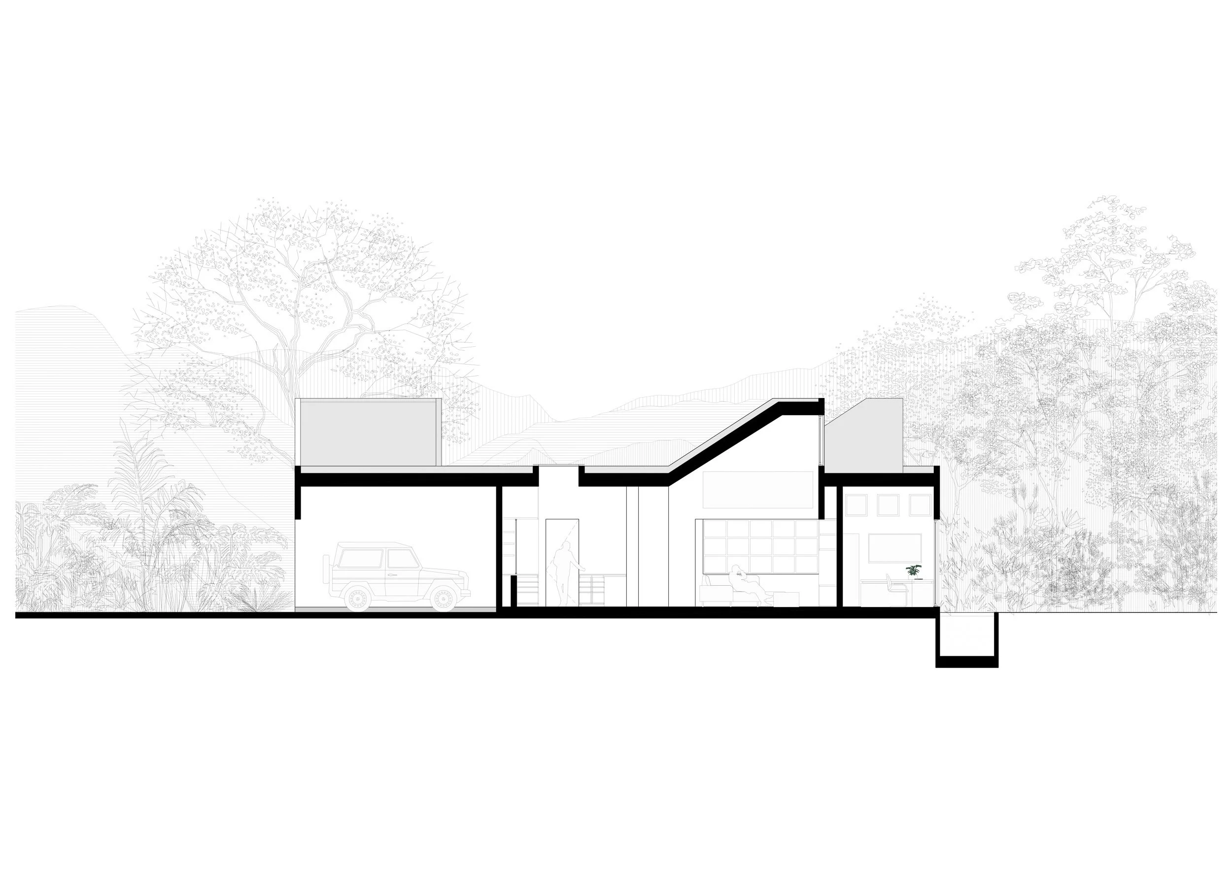 Corte de Casa ARRIBA, una casa moderna. EN la sección se ve el garaje y la zona social que tiene un techo muy alto. Diseño por TOLEDO Estudio de Arquitectura.