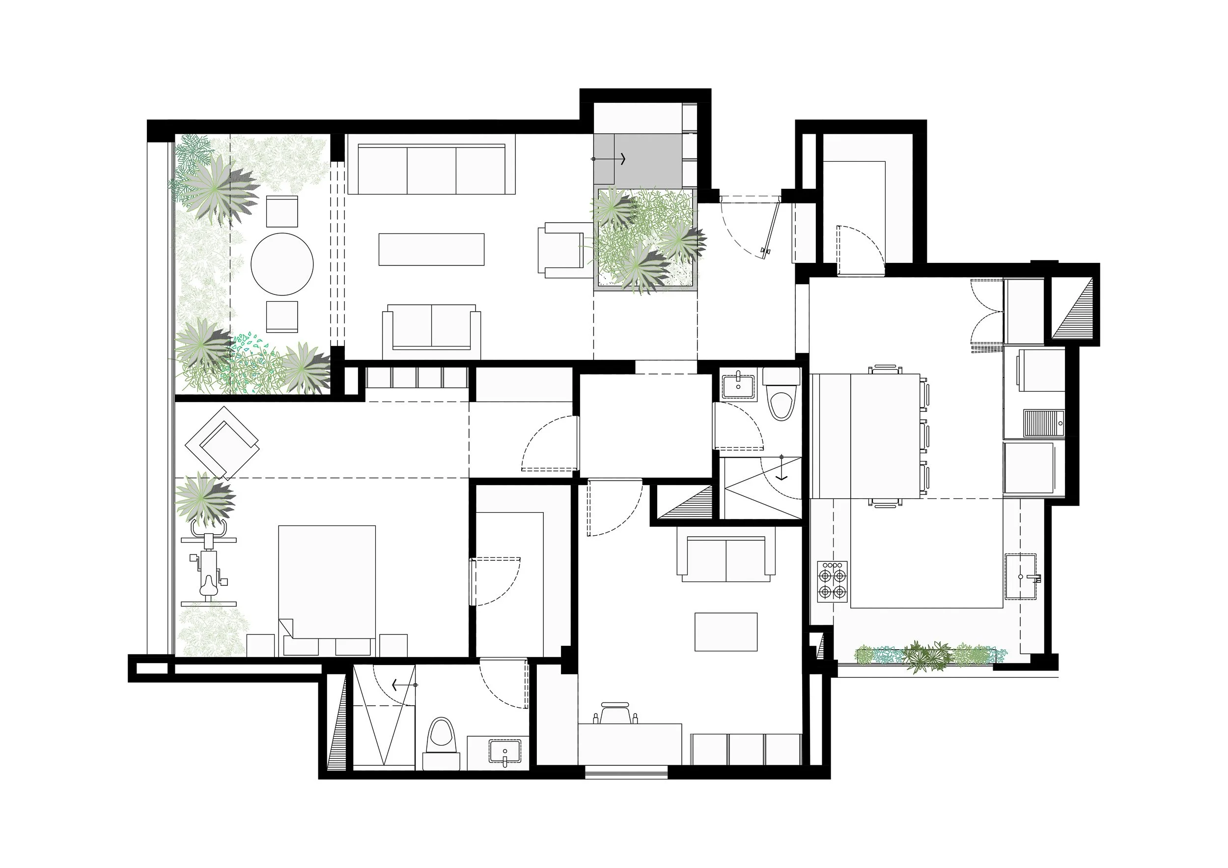 Planta arquitectónica de la reforma del apartamento Guadalajara 602 en Medellín, donde se ve la ubicación de los jardines interiores y la ampliación de la cocina.