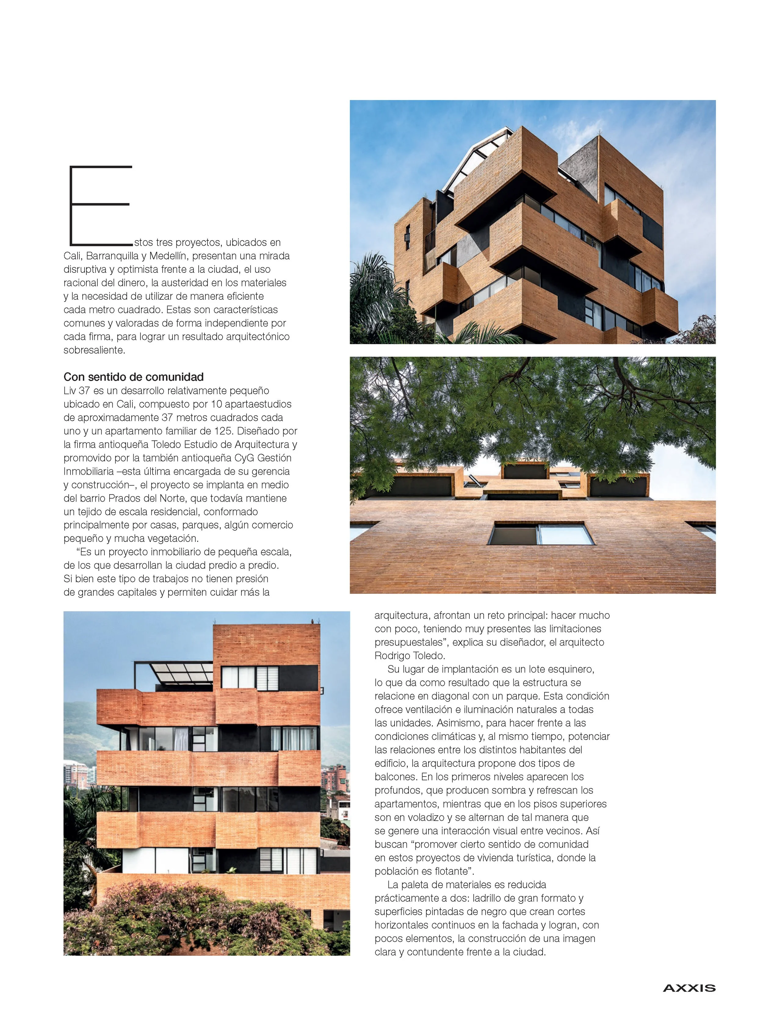 Página con texto en español y tres fotos de arquitectura moderna con edificios de ladrillo, amplios ventanales y plantas verdes.