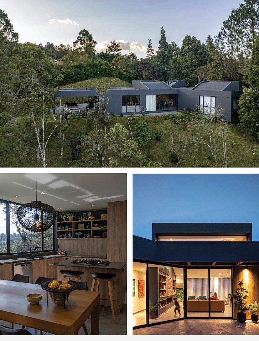 Vista aérea de una casa moderna en una colina rodeada de árboles con cochera y autos estacionados, interior de cocina con mesas y sillas de madera, y sala de estar con ventanas grandes y diseño contemporáneo.