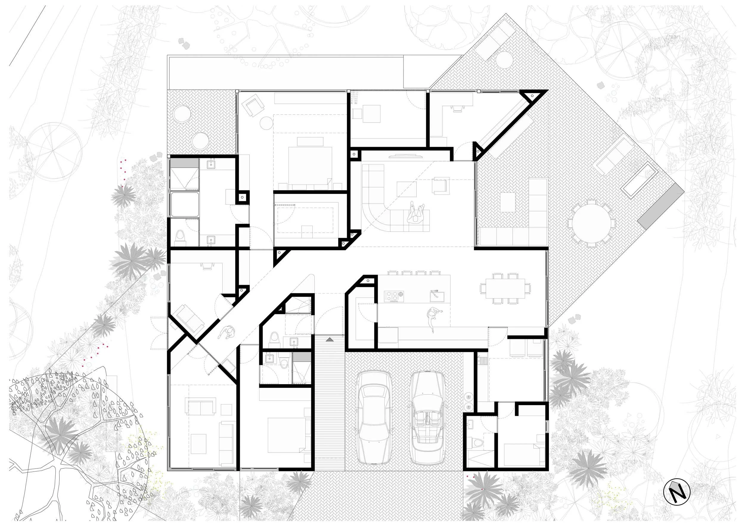 Planta arquitectónica de Casa ARRIBA donde se ve la distribución de los espacios a lo largo de un corredor diagonal.