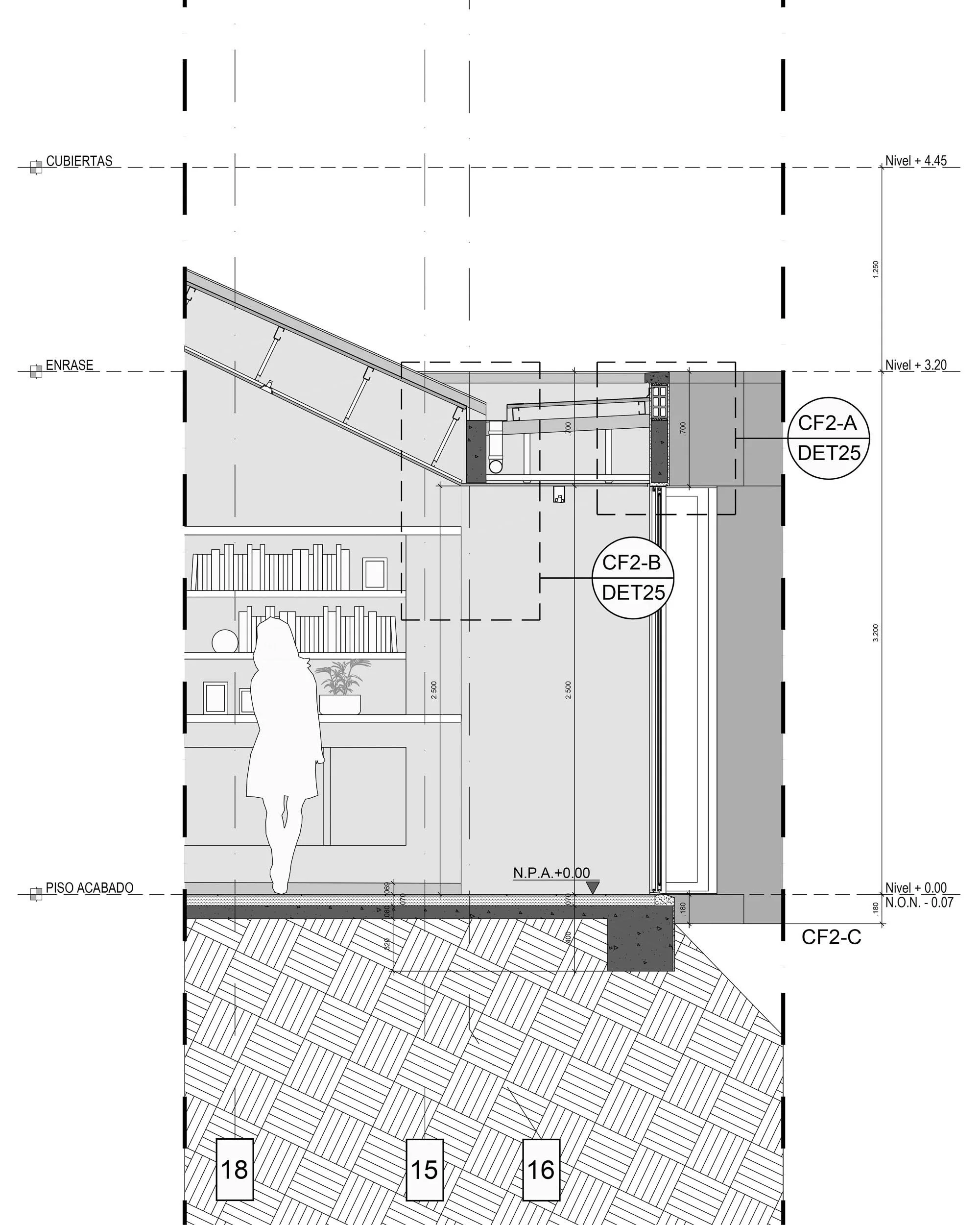 Detalle constructivo de Casa JANA donde se resuelve la evacuación de la lluvia en los techos y el anclaje de una puerta vidriera.