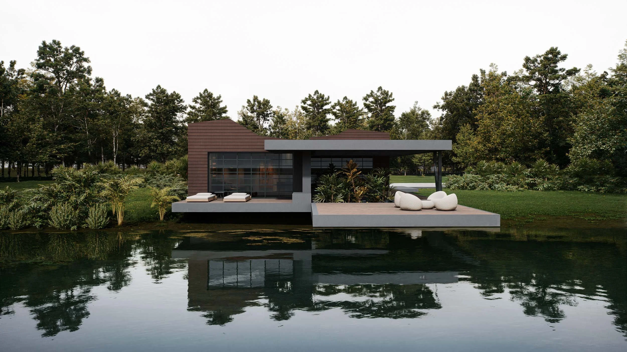 Casa CAJÚ, una casa de arquitectura contemporánea  con un muelle sobre un lago y árboles en el fondo. Diseño arquitectónico por TIOLEDO Estudio de Arquitectura.