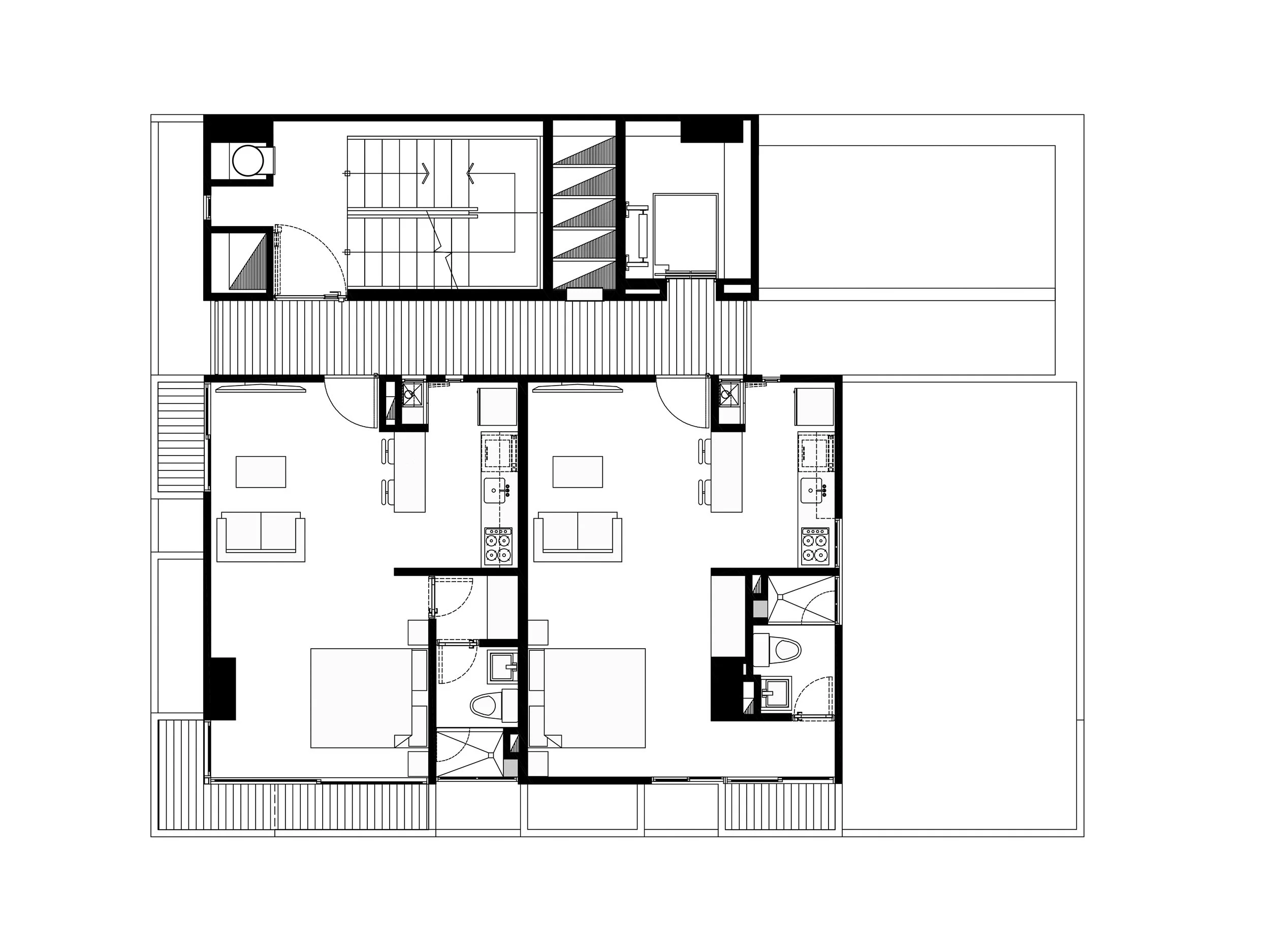 Planta arquitectónica de dos apartamentos típicos de Liv37en Cali, Colombia. Diseño arquitectónico por TOLEDO Estudio de Arquitectura.