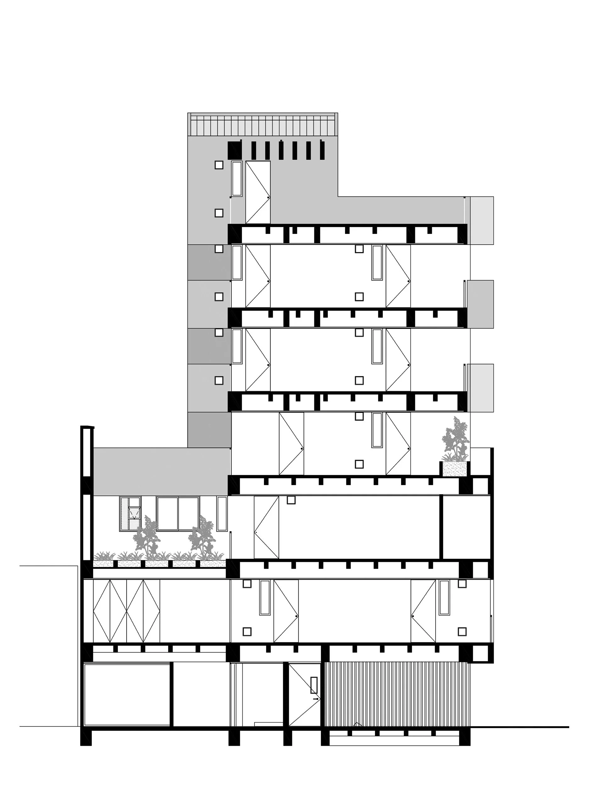 Corte longitudinal del edificio de apartamentos Liv37, ubicado en la ciudad de Cali.