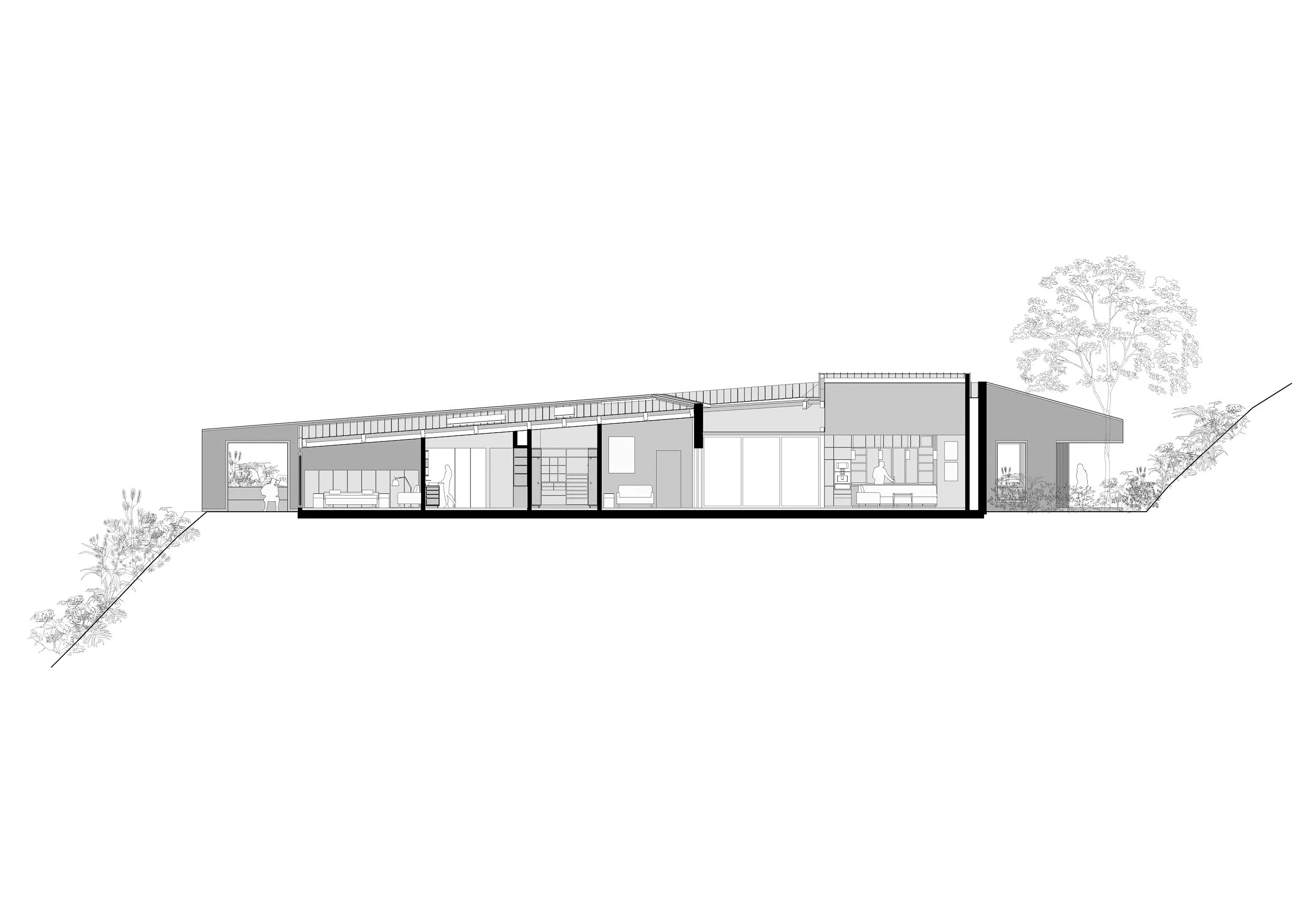 Sección de una casa moderna diseñada por TOLEDO ESTUDIO DE ARQUITECTURA donde se ve el cambio de alturas de las zonas sociales hacia las más privadas.