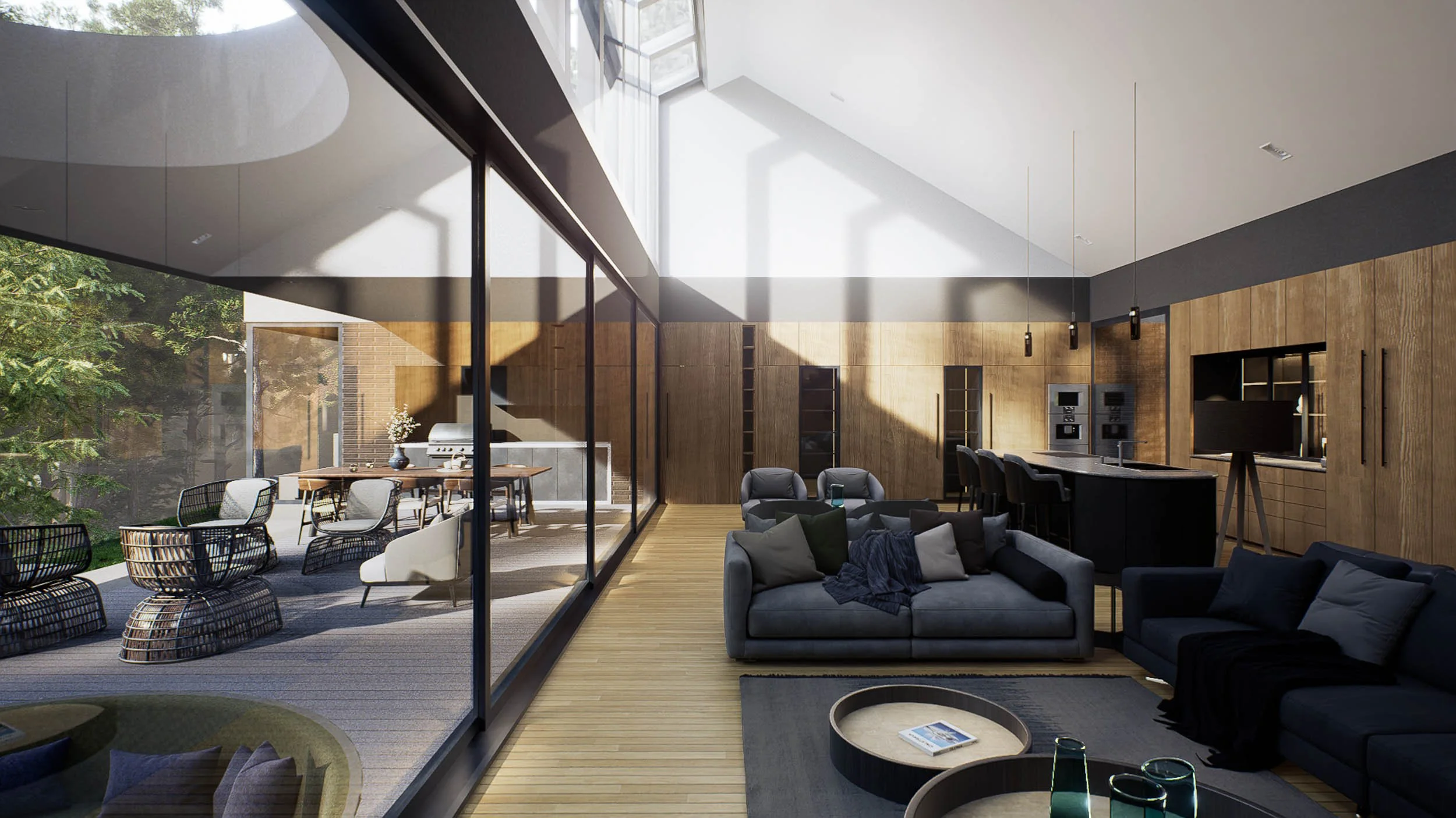 Interior de la sala moderna de Casa BOMO con muebles sobrios y jardín exterior visible a través de grandes ventanales. Proyecto diseñado por TOLEDO Estudio de Arquitectura