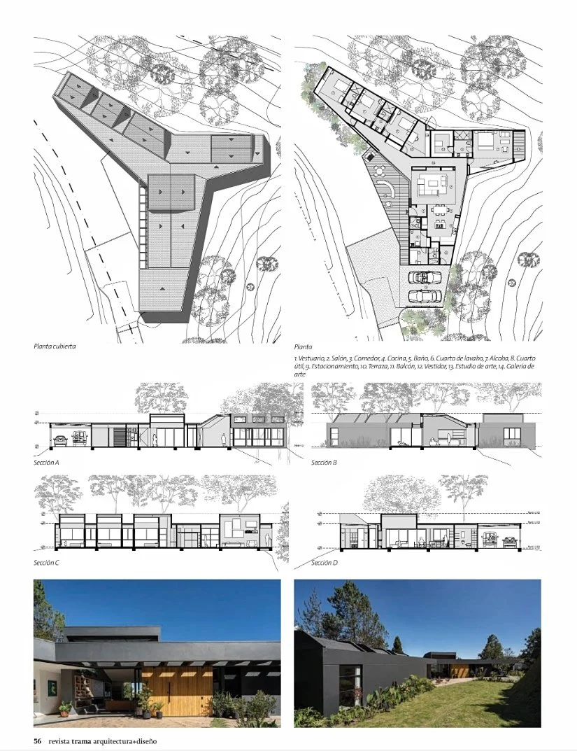 Plano arquitectónico detallado de una estructura moderna con vista en planta superior y cortes transversales, junto con fotografías de un edificio con fachadas oscuras y amplio acceso exterior, rodeado de árboles y paisaje natural.