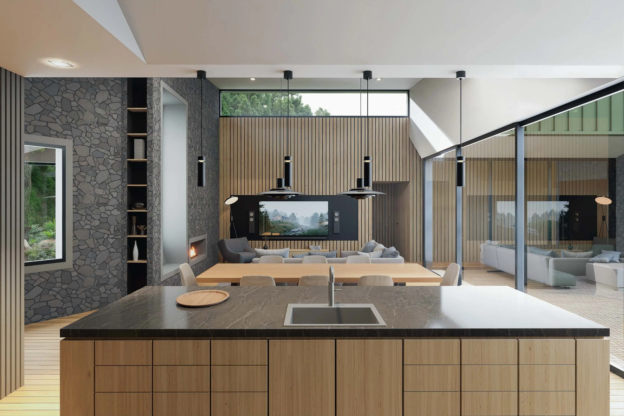 Cocina y sala con TV con muros de piedra y pisos de madera. Diseño arquitectónico por TOLEDO ESTUDIO DE ARQUITECTURA.