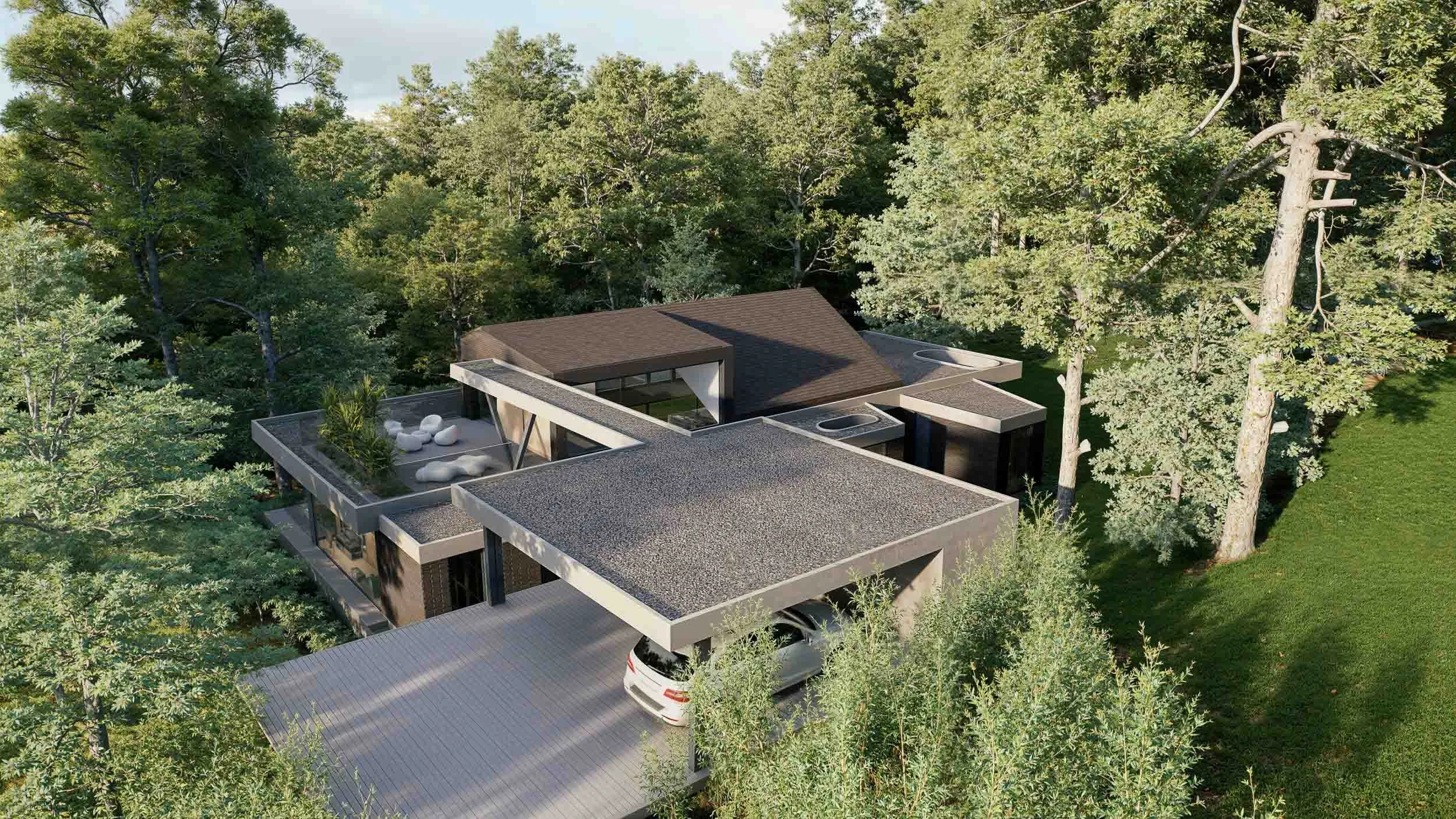 Casa BOMO vista desde arriba, con un puente y una terraza de acceso entre los árboles. Diseño moderno por TOLEDO Estudio de Arquitectura. 
