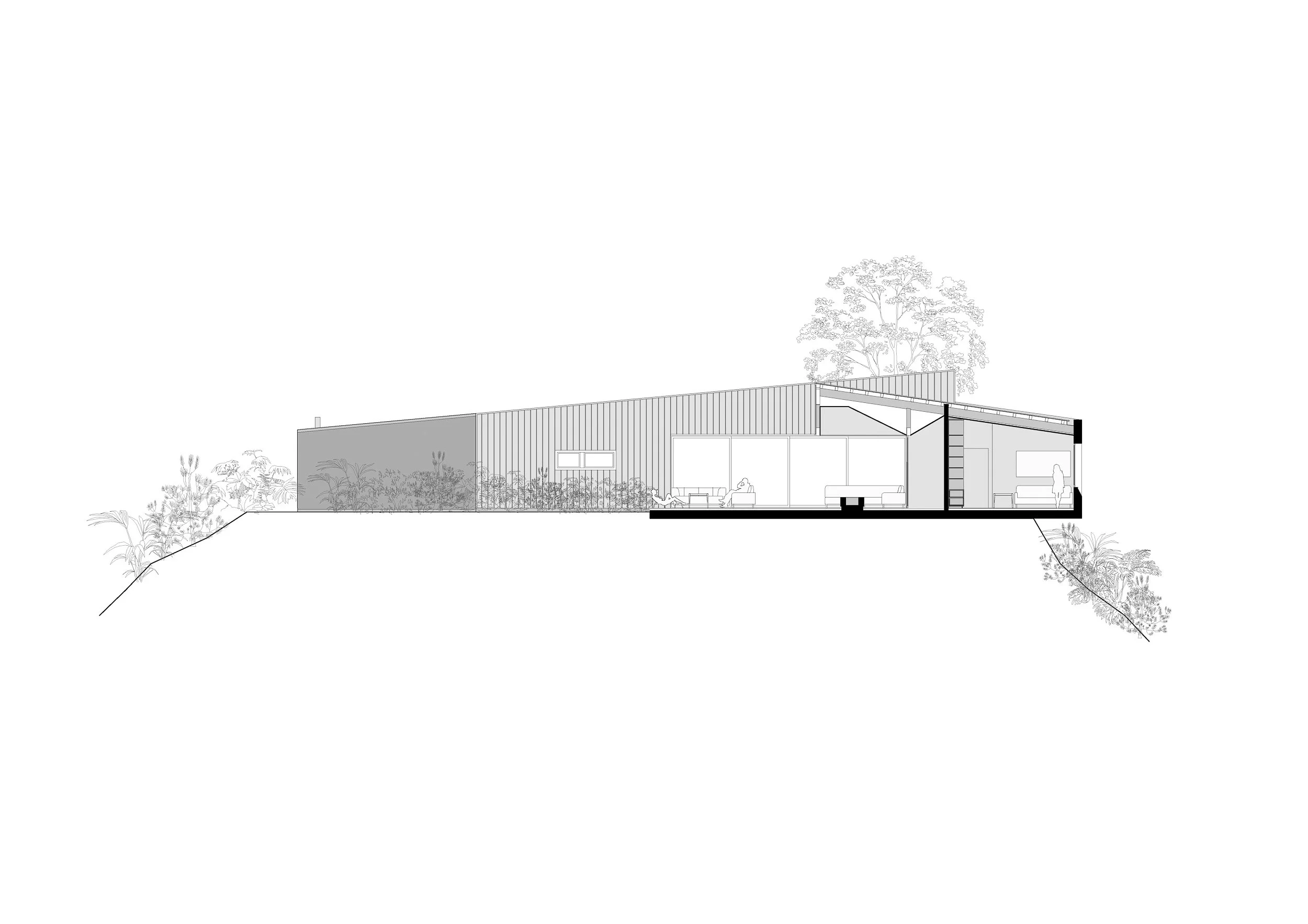 Sección de una casa moderna diseñada por TOLEDO ESTUDIO DE ARQUITECTURA donde se ve la terraza cubierta y el jardín.
