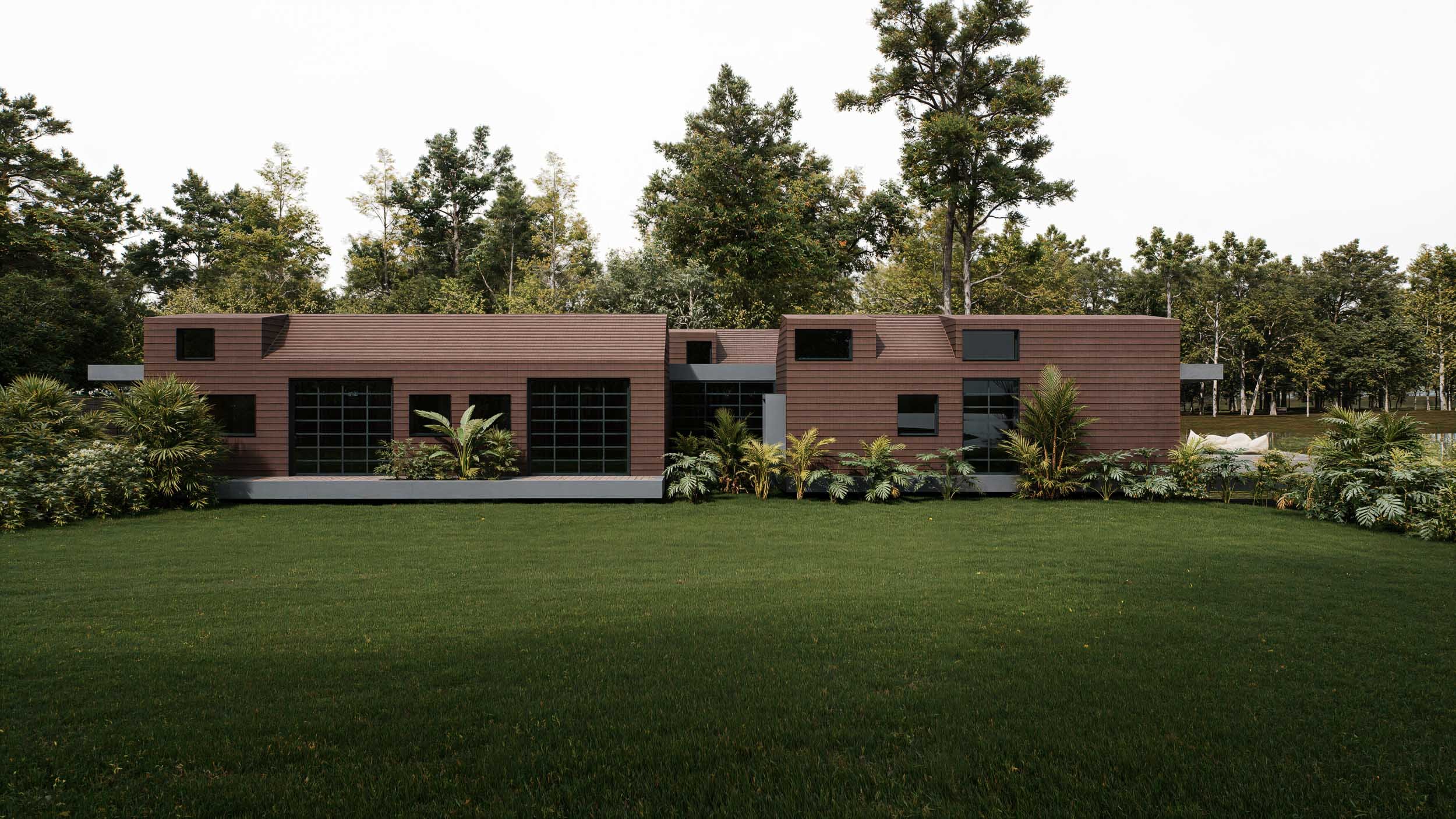 Fachada moderna de Casa CAJÚ con una zona verde grande y árboles al fondo. Alto de Las Palmas en Medellín; arquitectura por TOLEDO Estudio de Arquitectura.