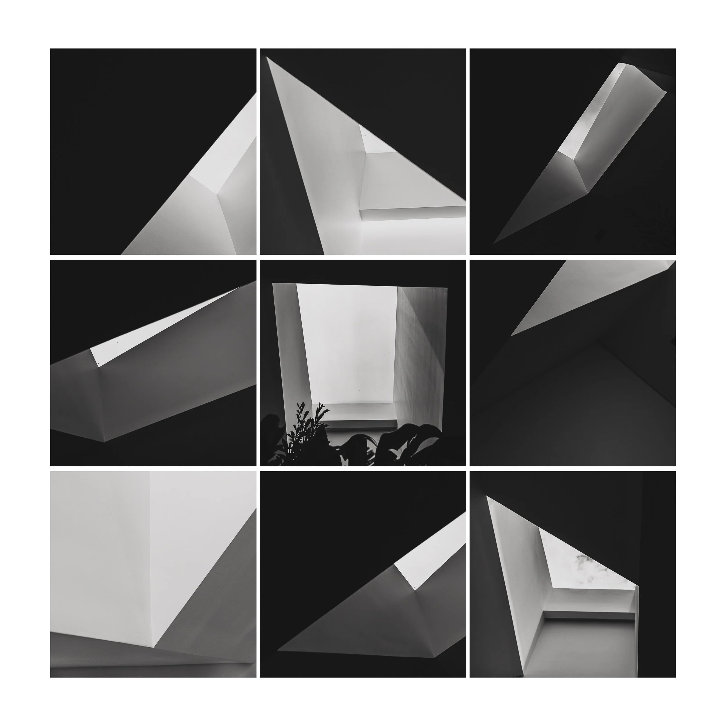 Colección de nueve fotos en blanco y negro mostrando vistas del tragaluz de Guadalajara 602, con diferentes ángulos y formas geométricas.