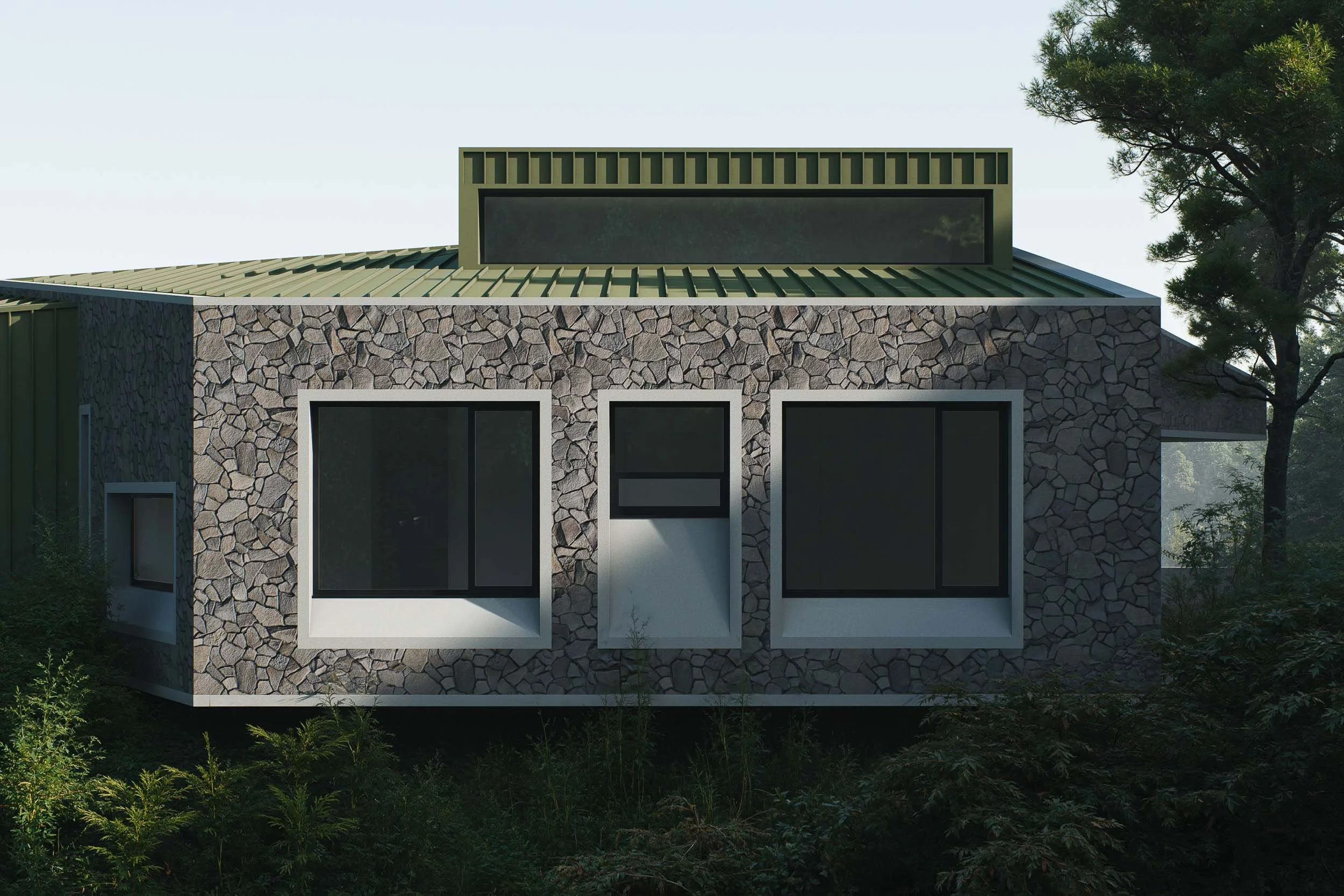 Fachada en piedra, concreto y metal diseñada por TOLEDO ESTUDIO DE ARQUITECTURA.