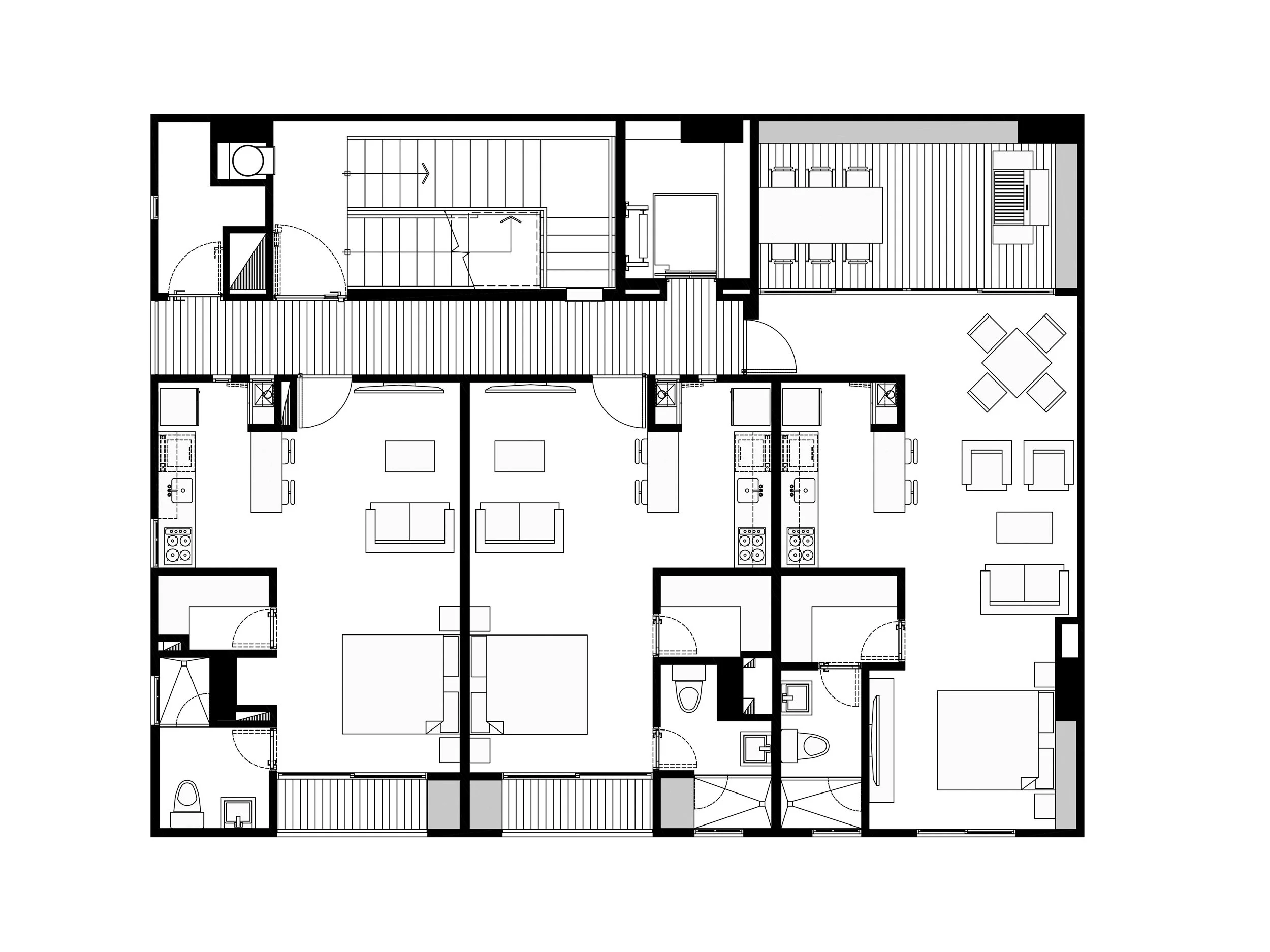Planta arquitectónica del edificio Liv37 donde se muestran tres aparta estudios conectados por un corredor común.