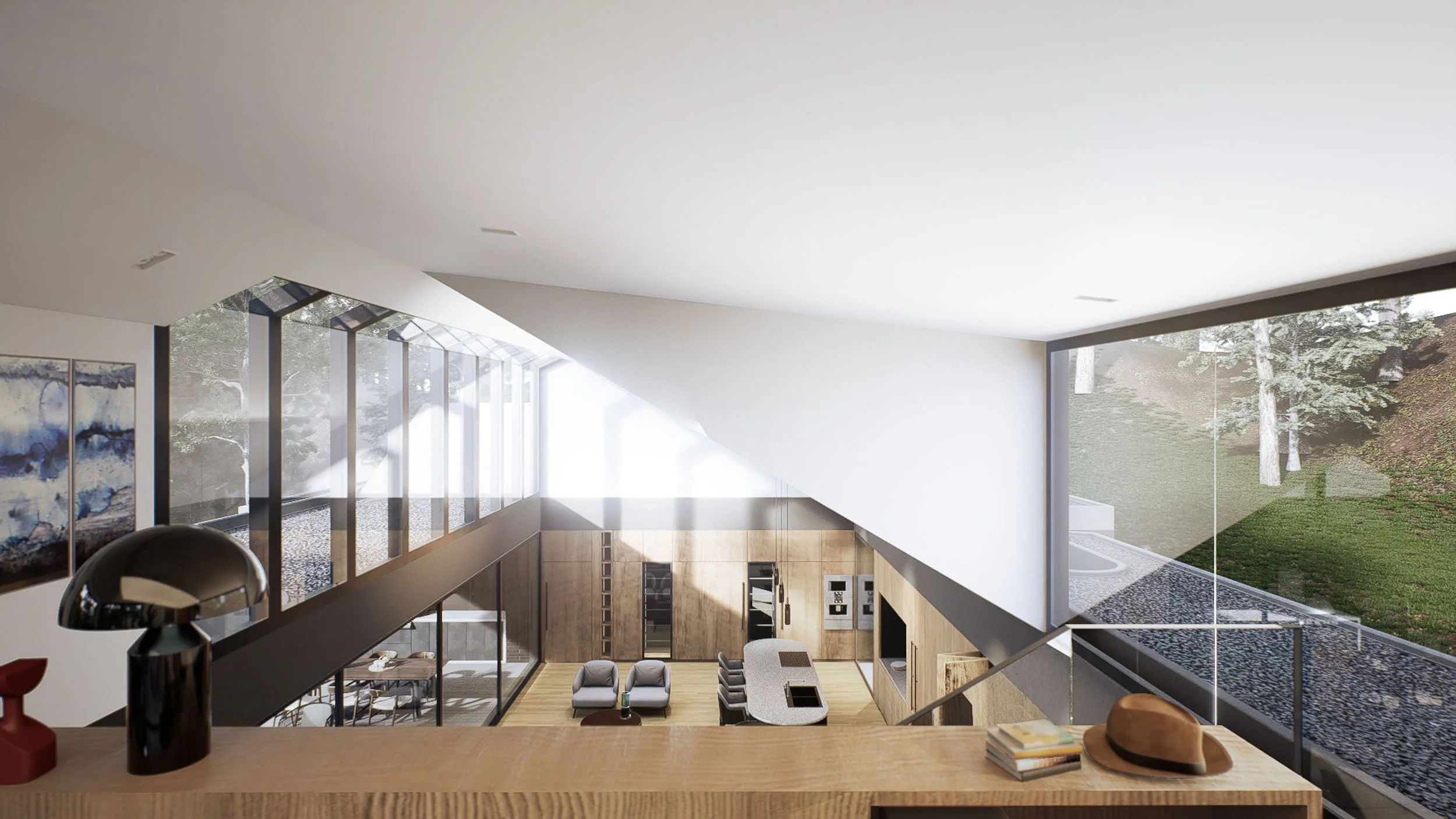Vista interior de Casa BOMO, una vivienda moderna con sala y comedor en doble altura, grandes ventanas de vidrio, muebles de madera, con un comedor, sillones y vista a un jardín exterior. Diseño arquitectónico por Toledo Estudio de Arquitectura. 