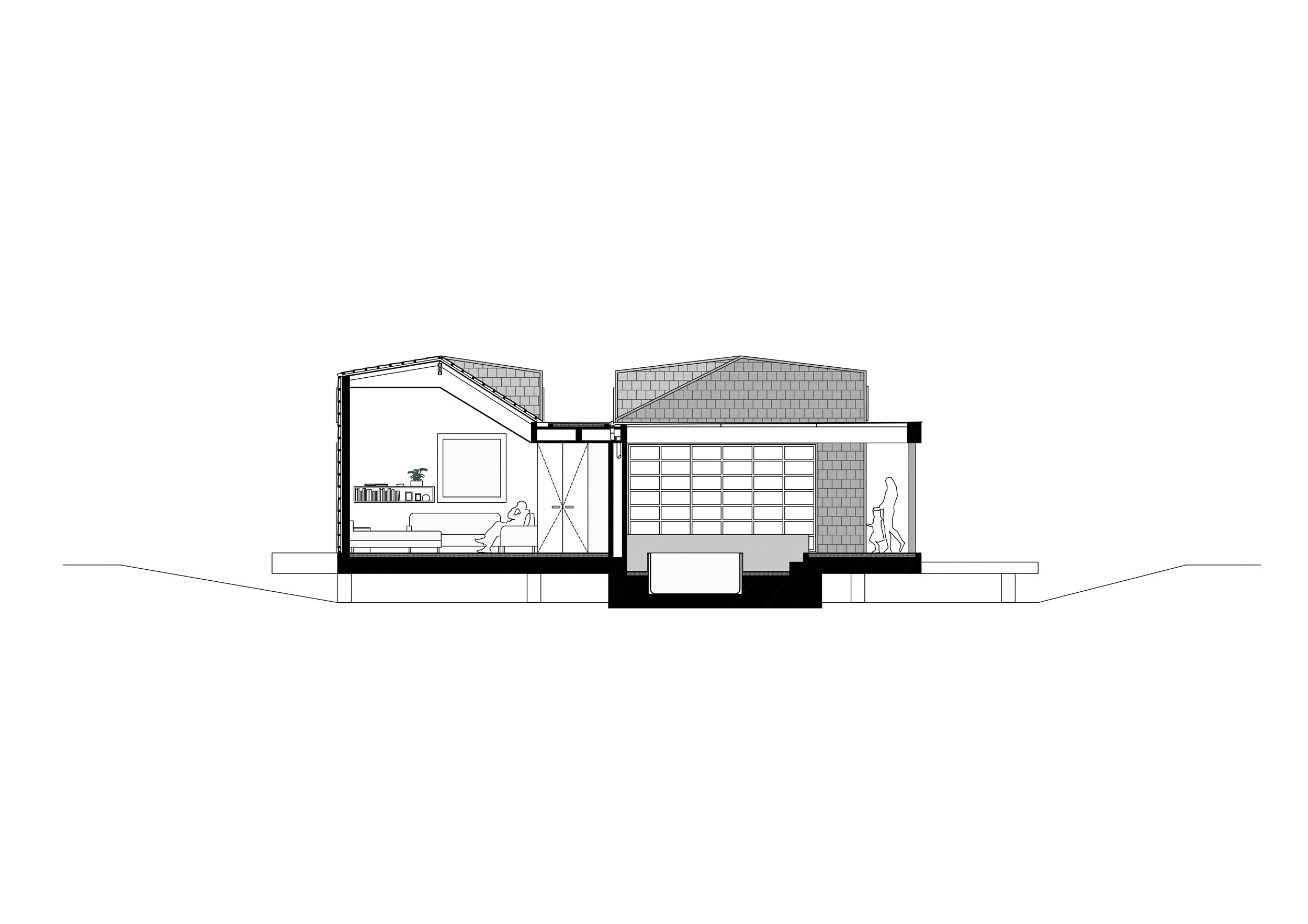 Sección transversal de Casa CAJÚ una casa moderna, mostrando diferentes áreas, incluyendo la   terraza exterior con un jacuzzi.