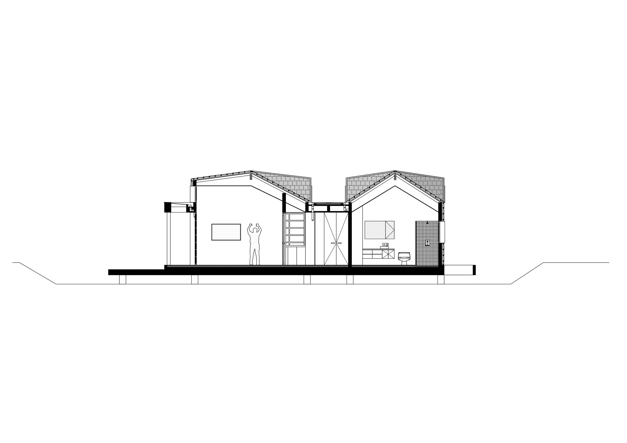 Sección transversal de Casa CAJÚ una casa moderna con techo inclinado, mostrando diferentes habitaciones, un humano y detalles arquitectónicos y de diseño interior.