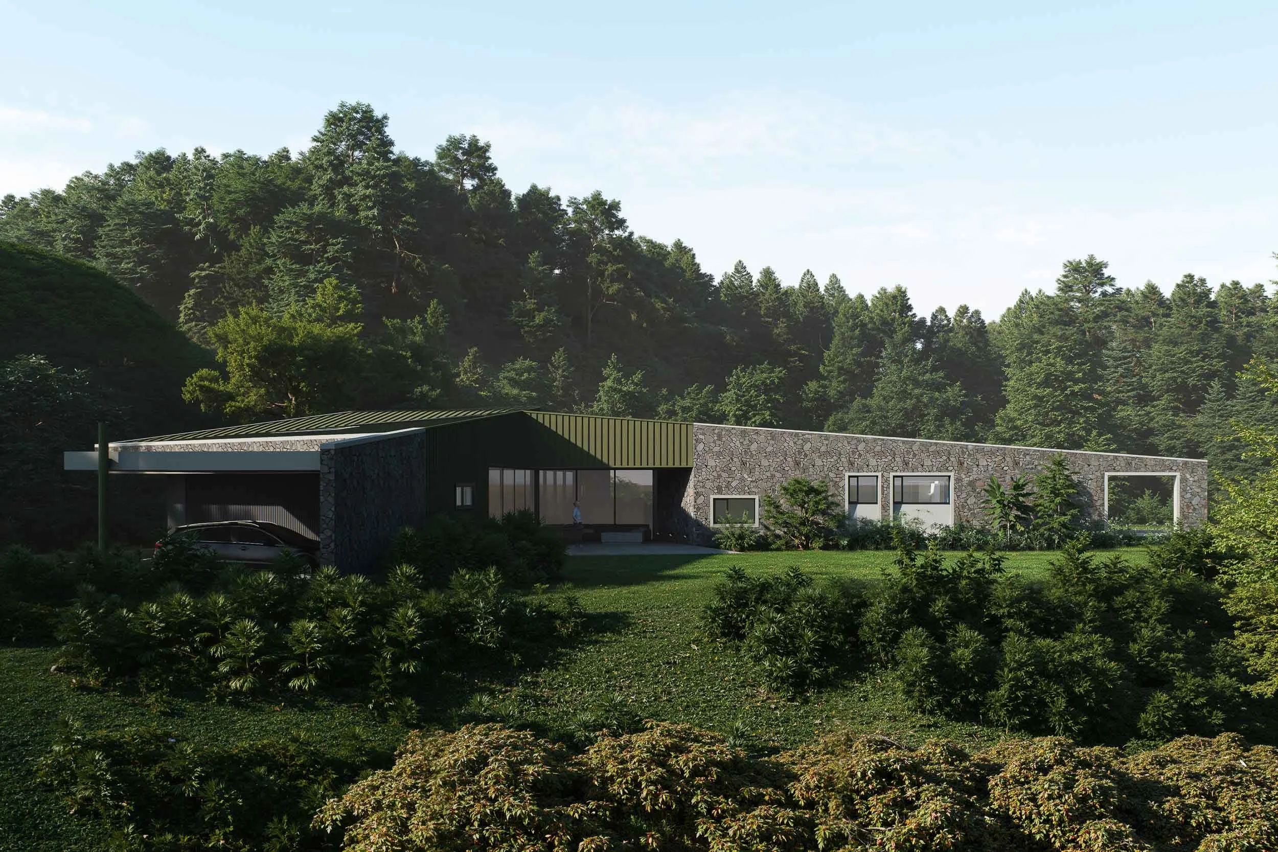 Casa moderna de piedra entre las montañas y el bosque. Diseñada en el Oriente Antioqueño por TOLEDO ESTUDIO DE ARQUITECTURA.