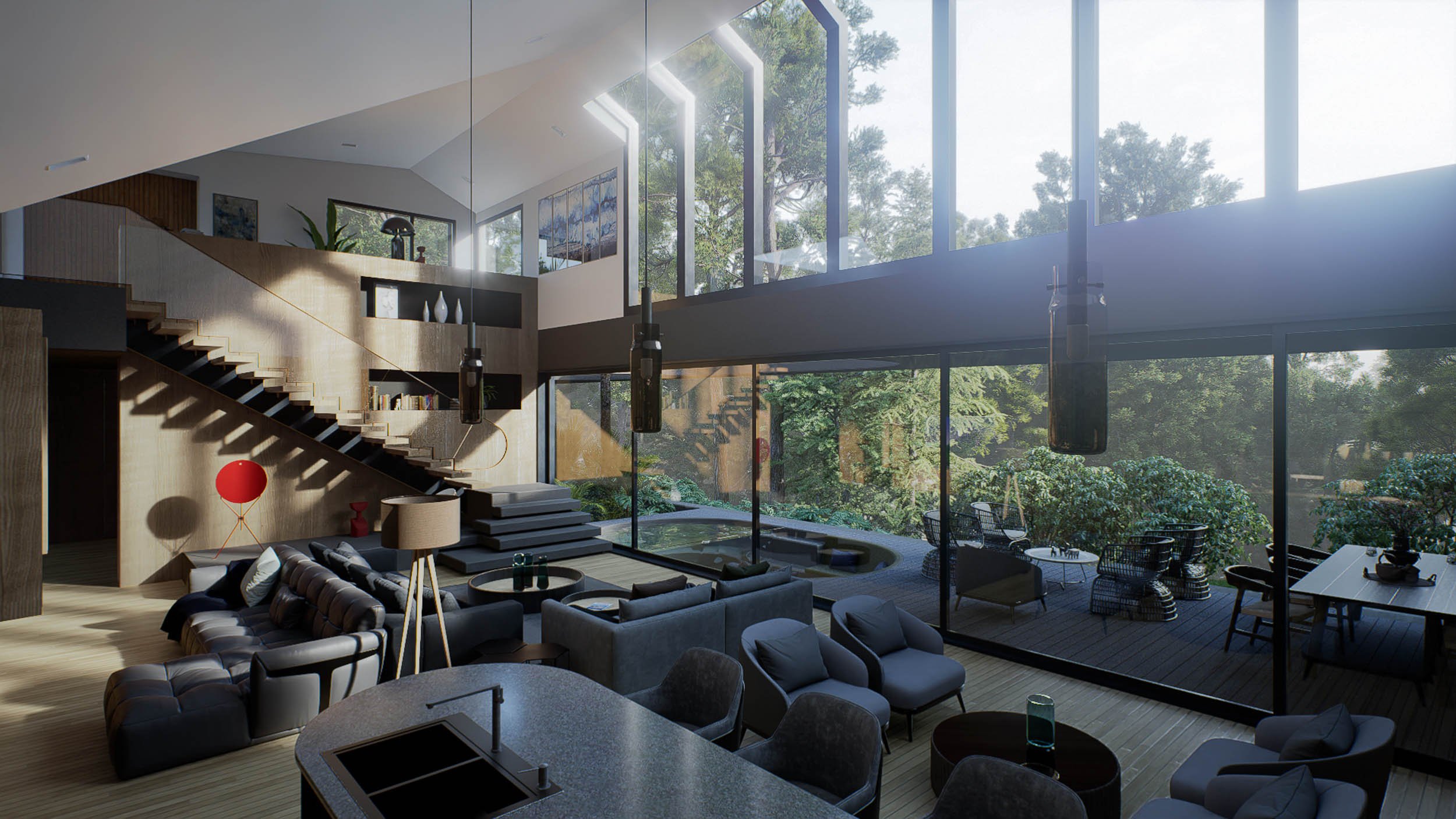 Salón a doble altura de Casa BOMO con un ventanal muy grande que se abre a la terraza y mira el bosque. Casa de arquitectura contemporánea diseñada por Toledo Estudio de Arquitectura en El Retiro, Antioquia, Colombia.