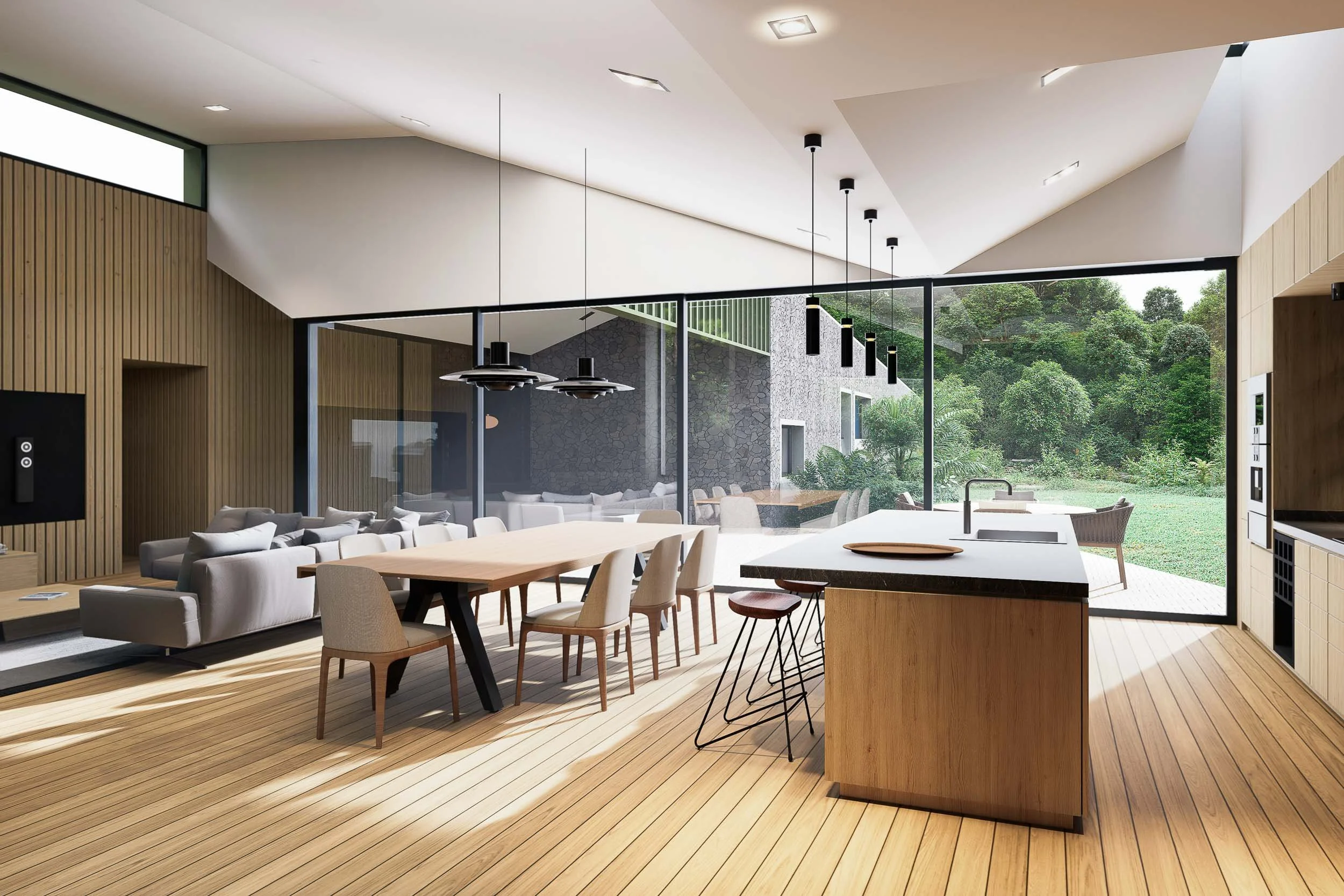 Cocina y comedor con puerta vidriera hacia terraza y jardín. Pisos de madera y ventanales. TOLEDO ESTUDIO DE ARQUITECTURA