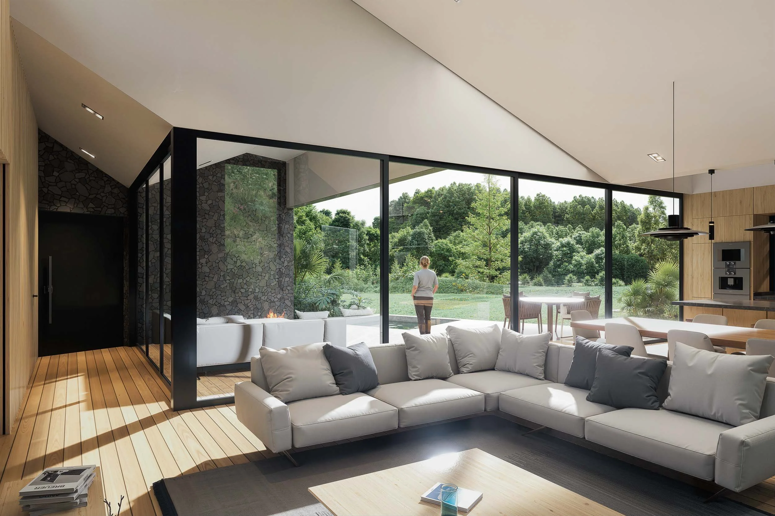 Sala moderna con ventanales y terraza con jardín. TOLEDO ESTUDIO DE ARQUITECTURA.