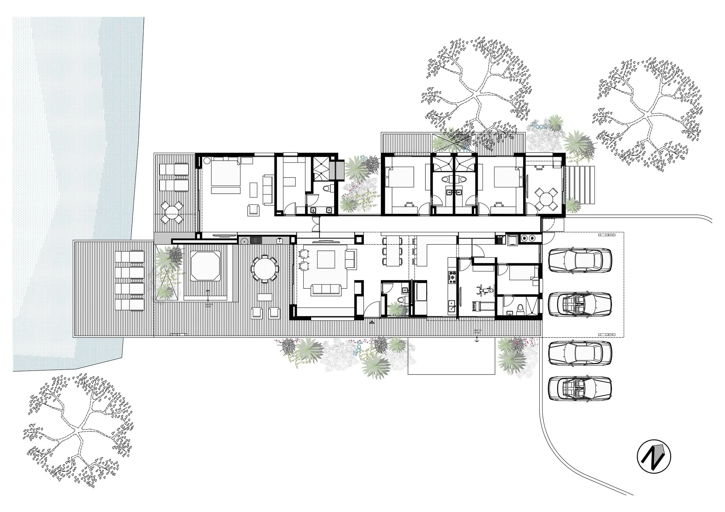 Planta arquitectónica de Casa CAJÚ donde se aprecia la distribución de los ambientes a lo largo de un corredor que remata en terrazas sobre un lago.