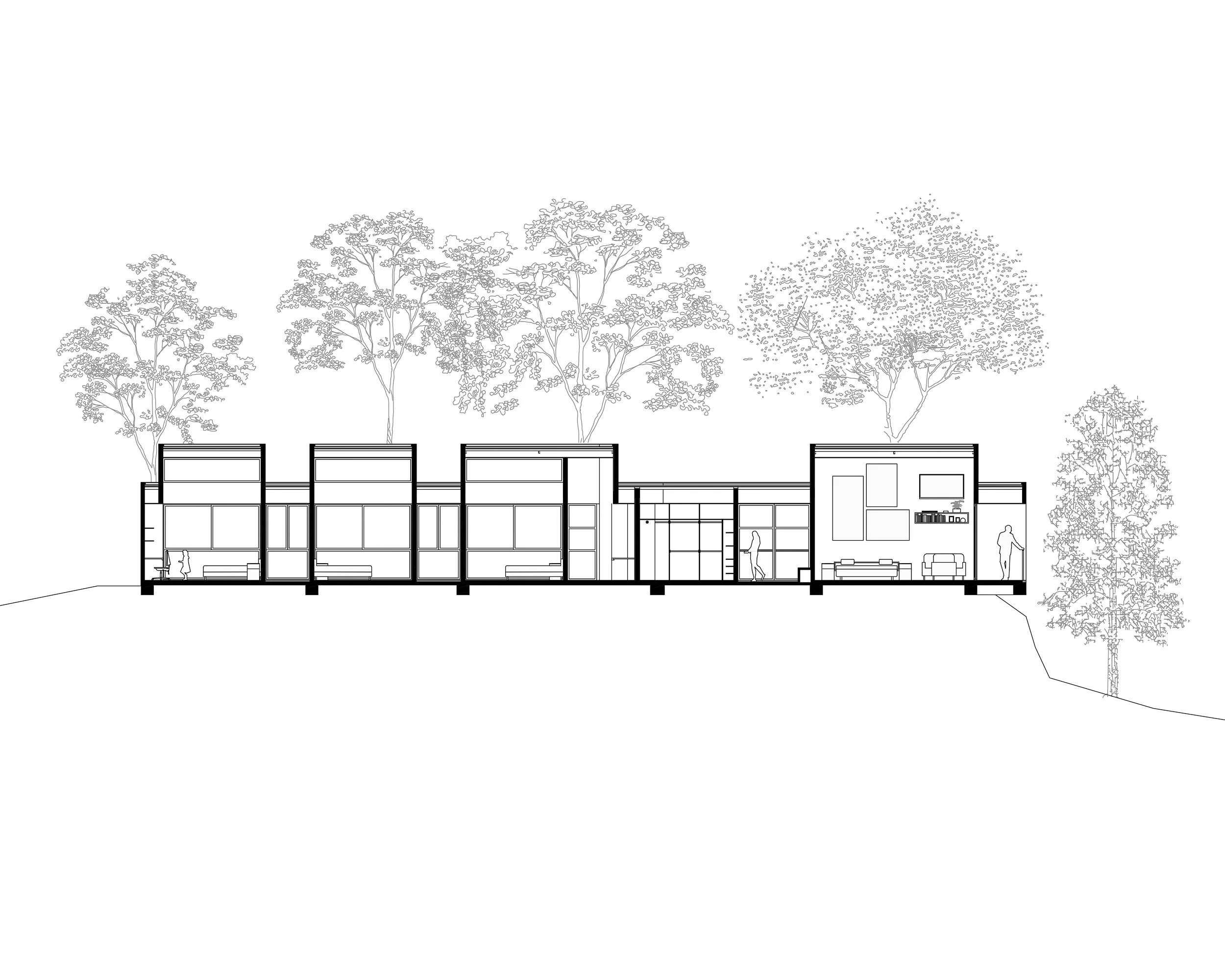 Sección longitudinal de Casa JANA que explica la diferencia de alturas entre las alcobas y las áreas de servicio. Diseñada por TOLEDO Estudio de Arquitectura y construida en el oriente antioqueño en Colombia.