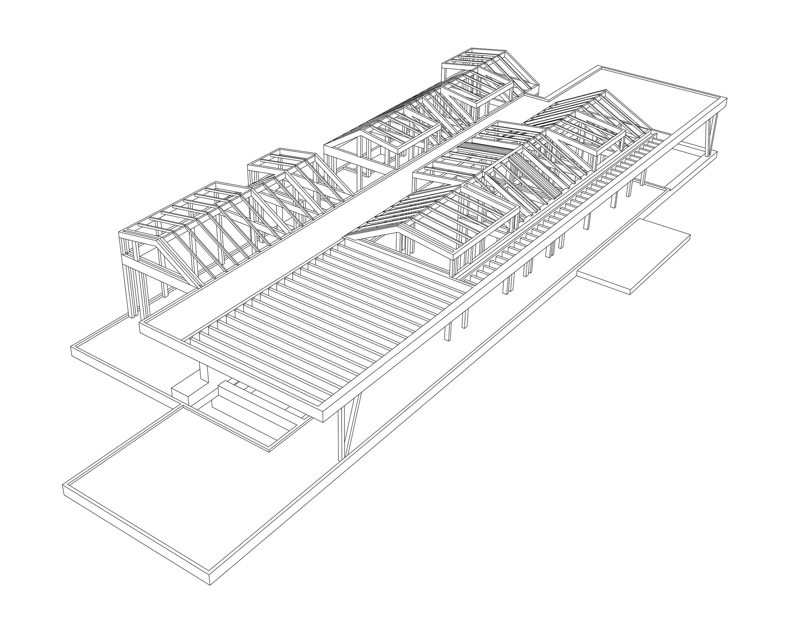 Diagrama tridimensional de la estructura de Casa CAJÚ donde se ven columnas y vigas de soporte.