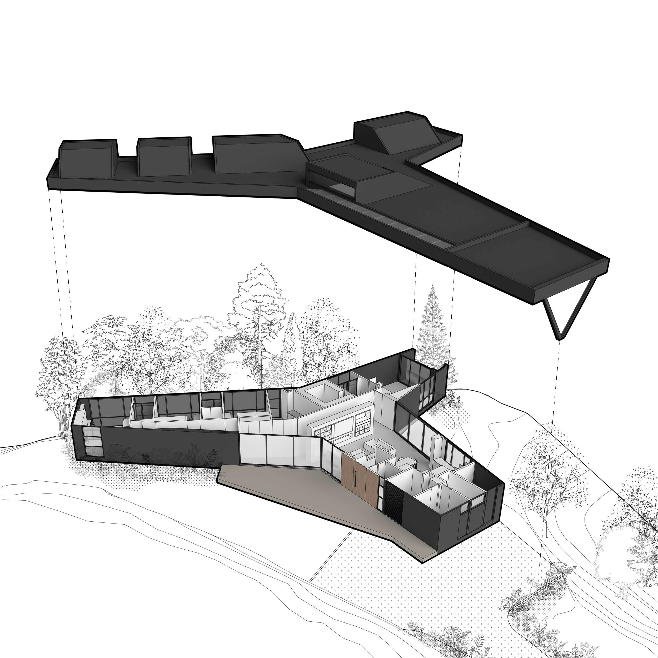 Diagrama tridimensional de Casa JANA que muestra la relación que existe entre la forma de la casa con su entorno. El dibujo muestra la distribución de espacios. TOLEDO Estudio de Arquitectura 