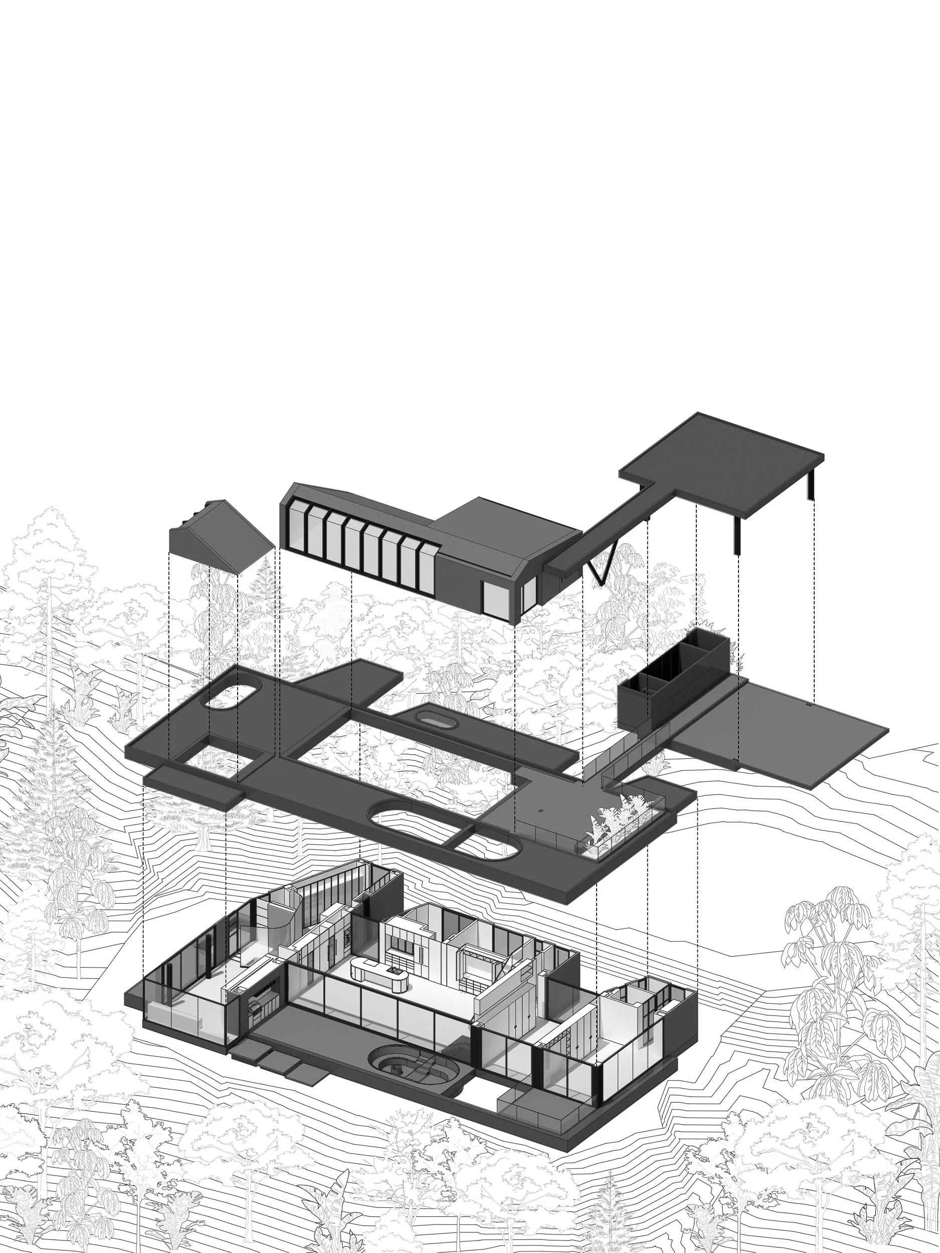 Diagrama tridimensional de Casa BOMO que muestra sus niveles y distribución interior de espacios.