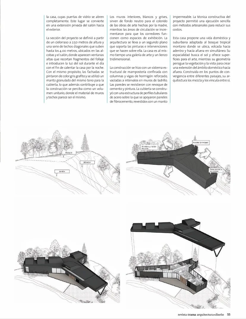 Diagrama arquitectónico y esquemático de una casa en una colina rodeada de árboles, mostrando diferentes vistas y planos, incluyendo estructura, interiores y áreas exteriores.