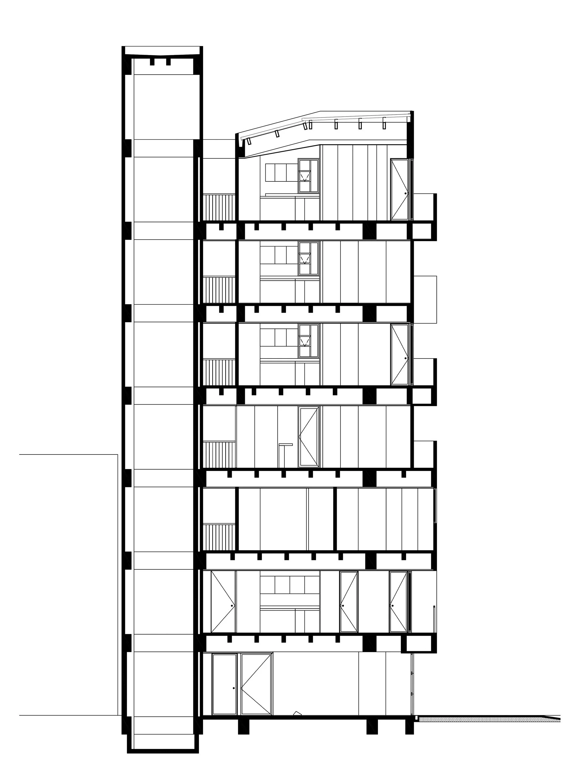 Corte transversal del edificio Liv37 en Cali, donde aparece el foso del ascensor y los apartamentos. 
