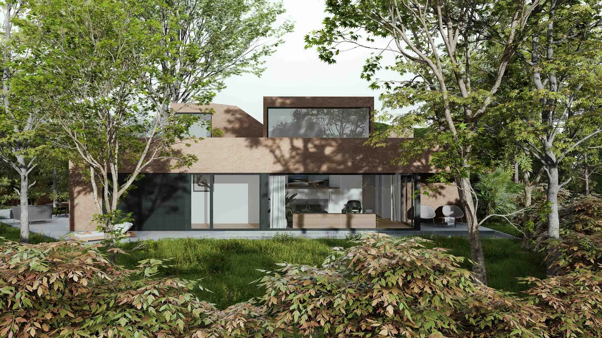 Casa ARRIBA junto al bosque con vidrieras grandes y un jardín.