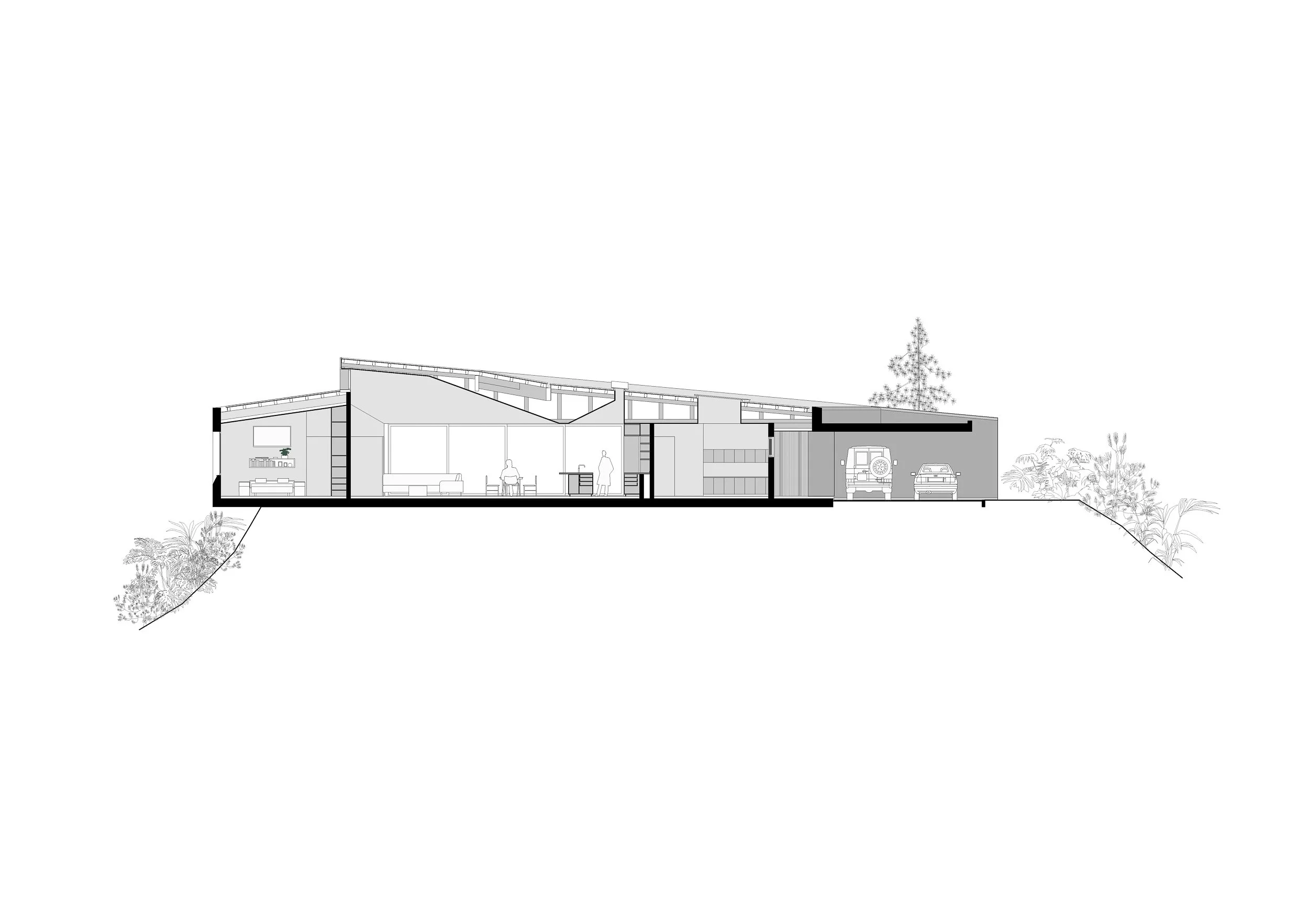 Sección que muestra la zona social de una casa moderna con cielos falsos a diferentes alturas. Diseño por TOLEDO ESTUDIO DE ARQUITECTURA.