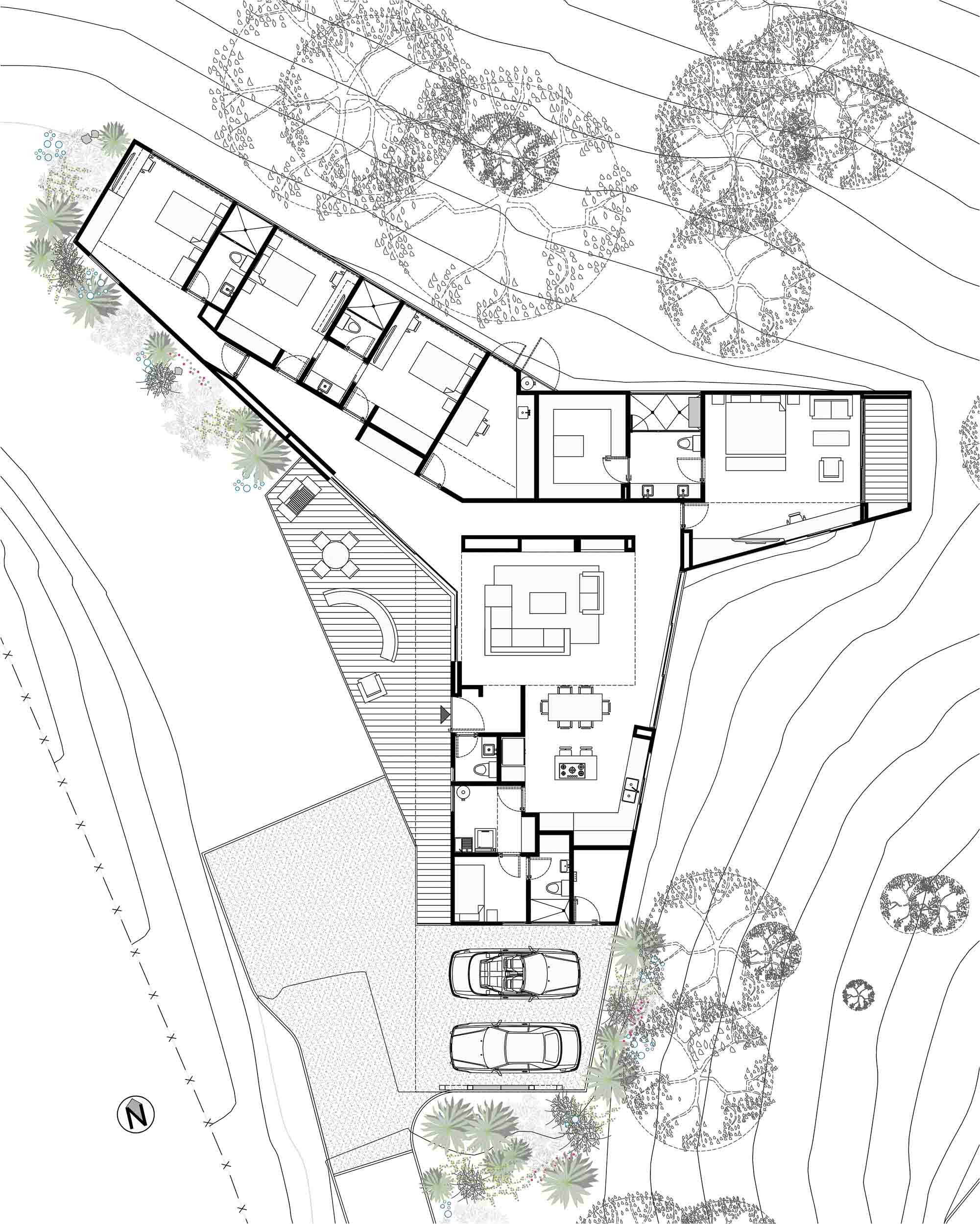 Planta arquitectónica de Casa JANA que muestra la distribución en tres brazos con zonas privadas, sociales y de servicio para integrarse con el bosque, un jardín y la vista lejana. Diseño por TOLEDO Estudio de Arquitectura.