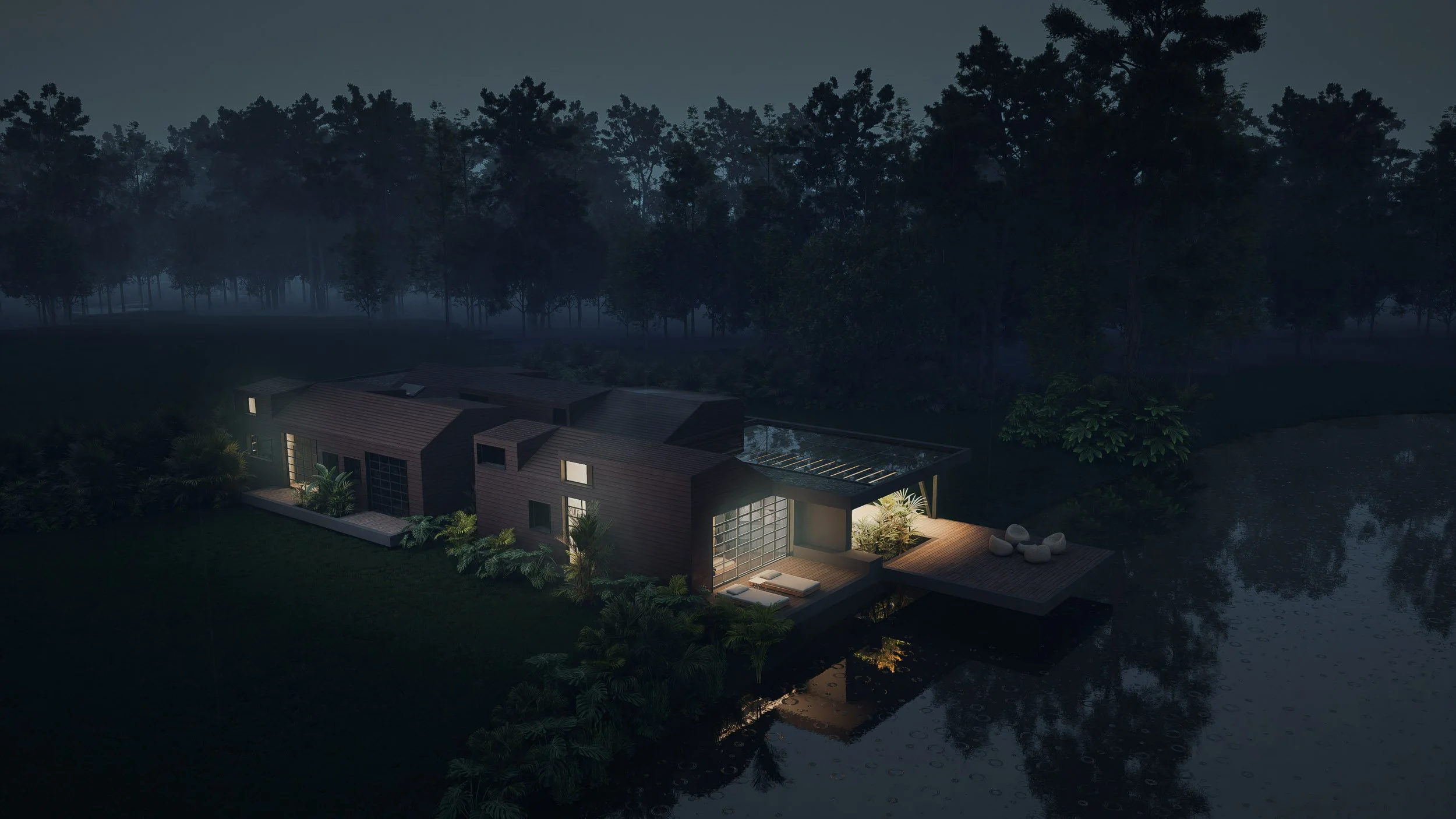Casa moderna de noche rodeada de árboles y construida junto a un cuerpo de agua, con luces encendidas en su interior y en una terraza exterior. Casa CAJÚ diseñada por TOLEDO Estudio de Arquitectura.