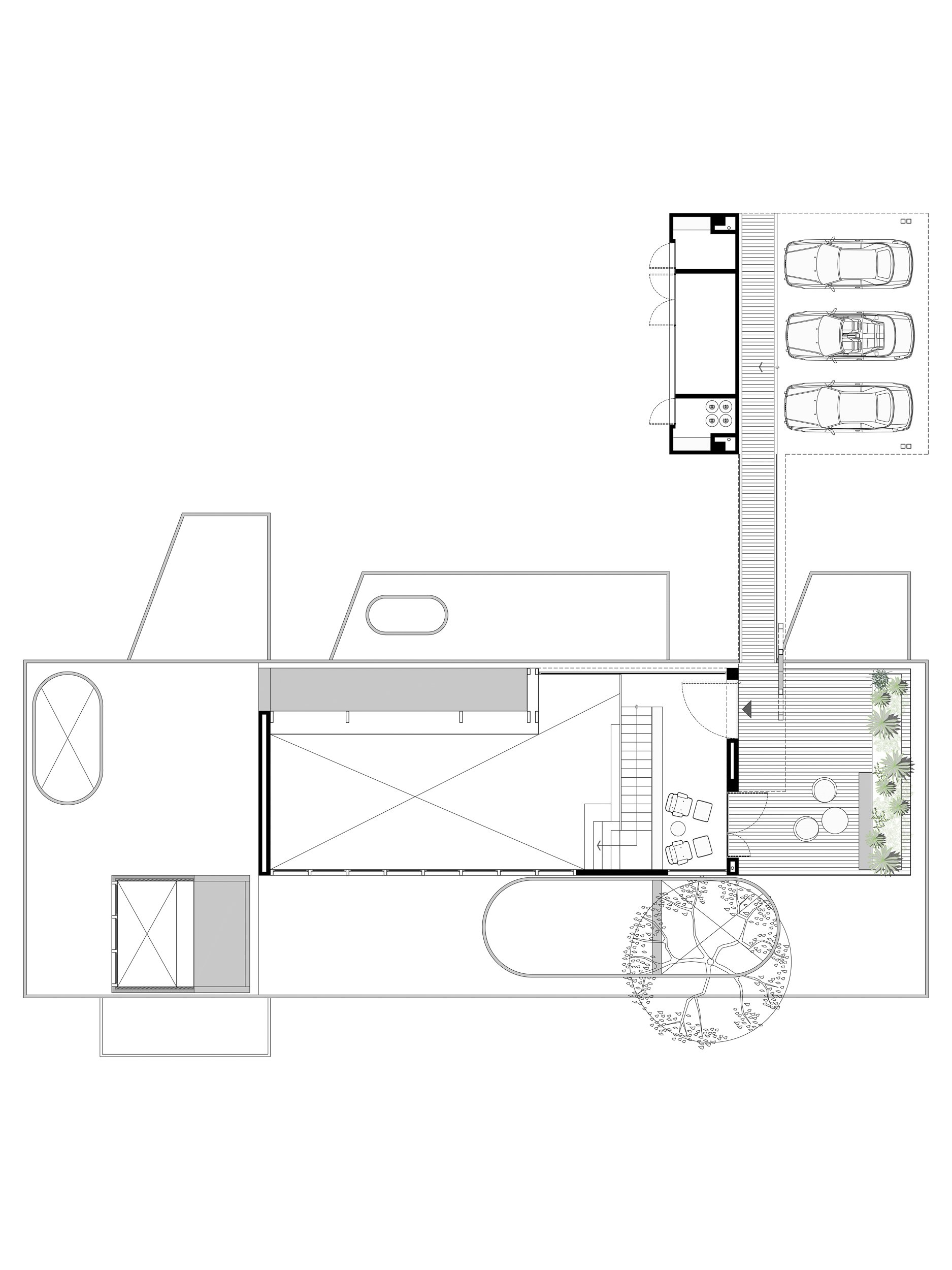 Planta de Casa BOMO donde se ve el acceso desde el parqueadero hacia una terraza y altillo interior.