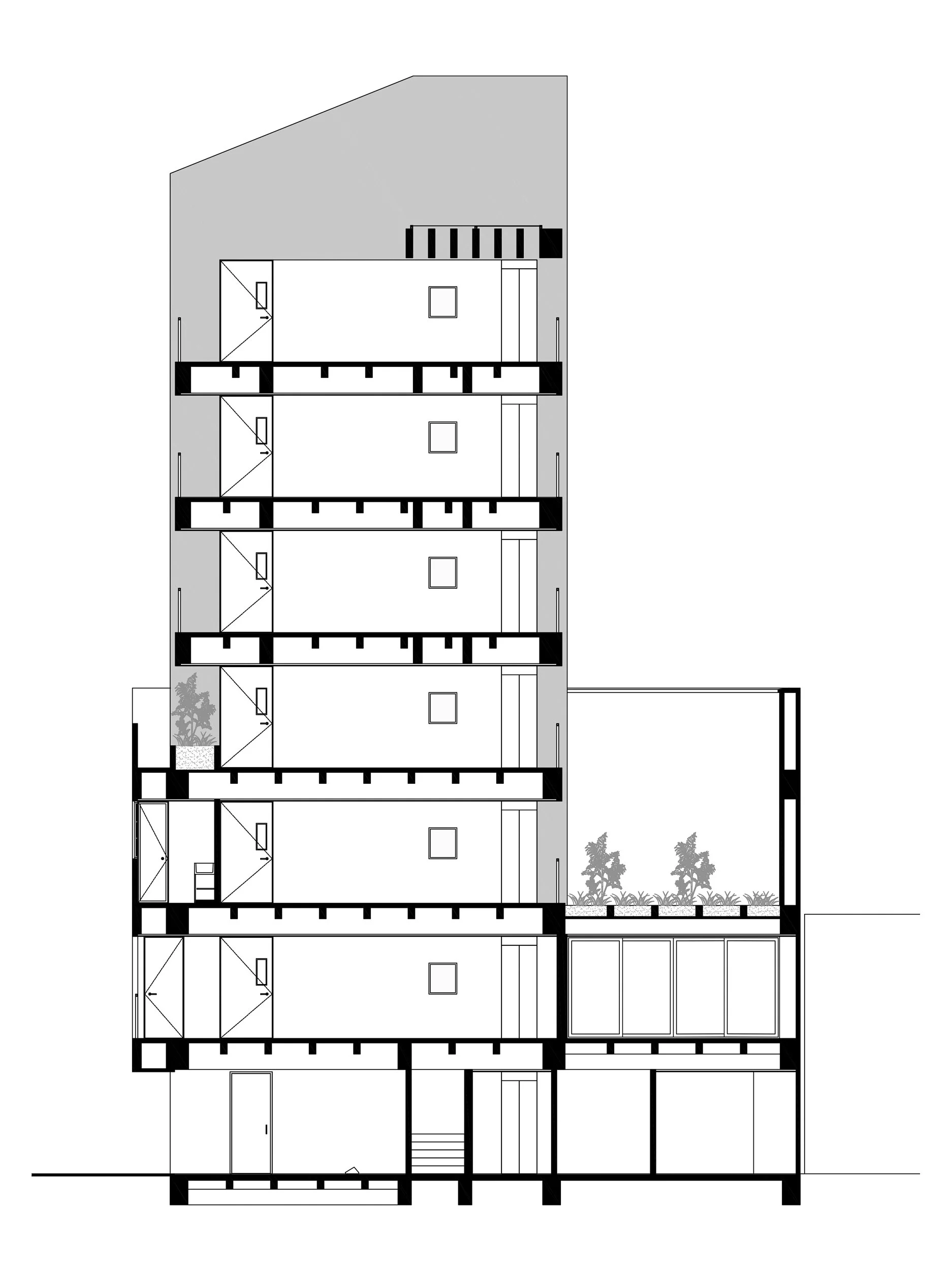 Sección de Liv37, cortando por la terraza del apartamento ubicado en el piso cuatro.