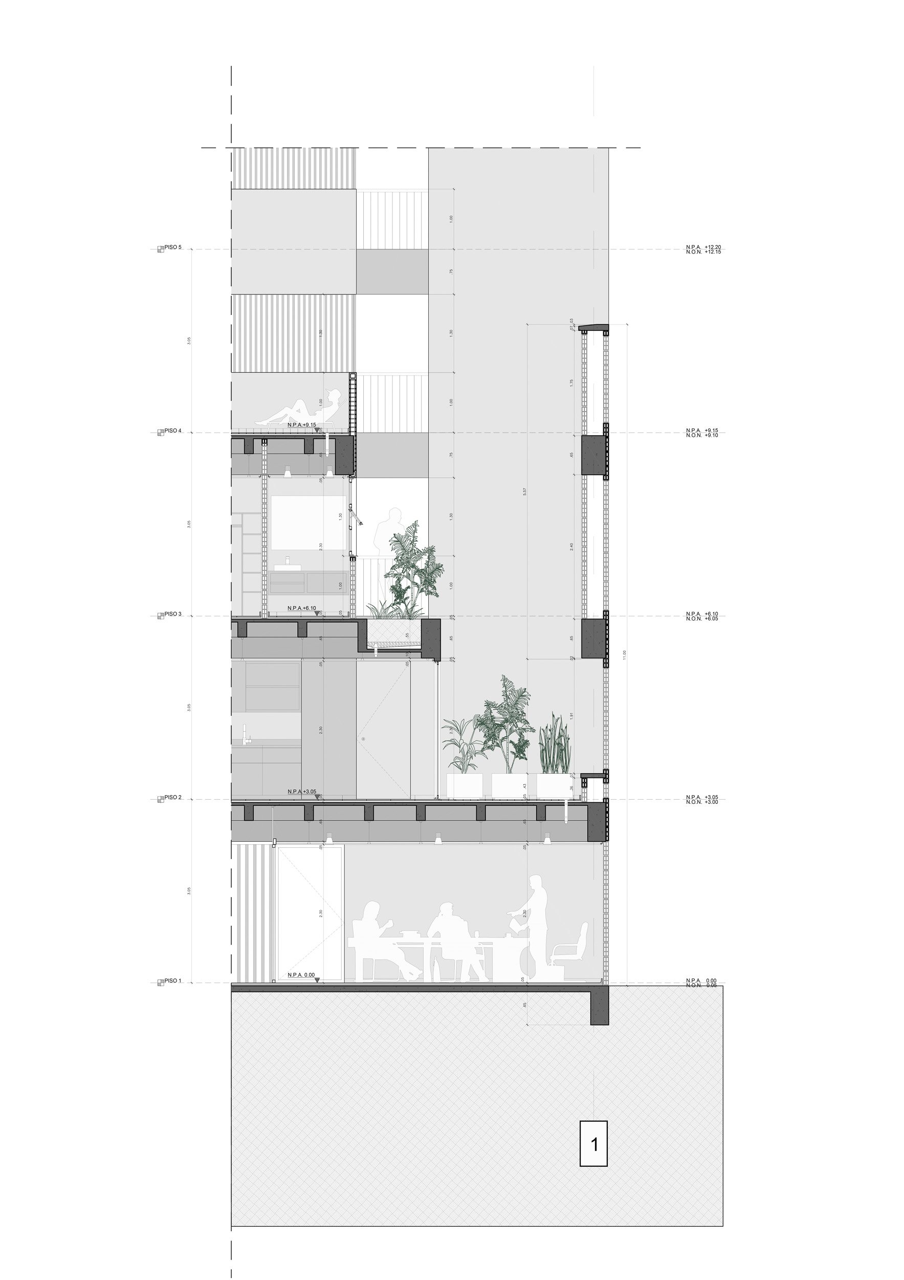 Sección en detalle de Liv37 donde aparece un patio y jardineras.