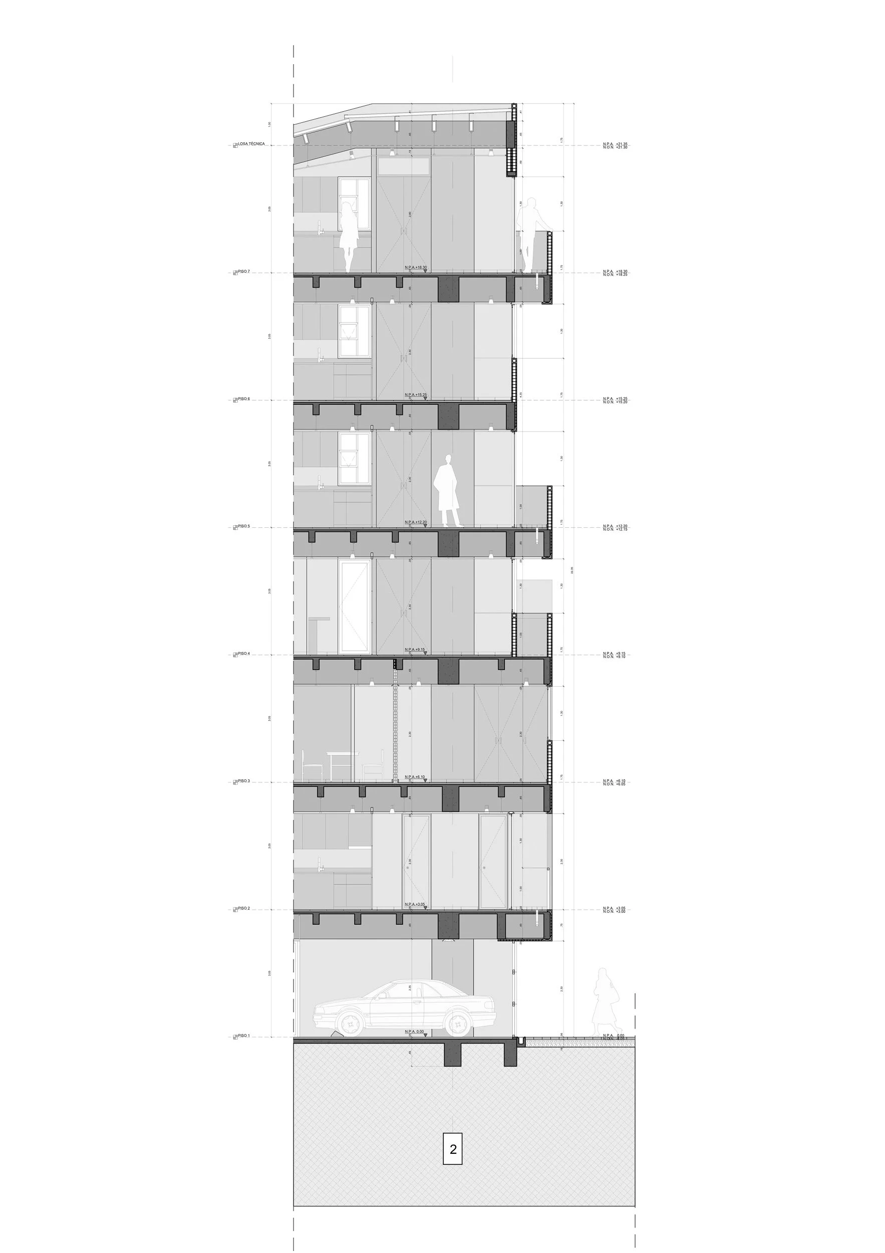 Sección en detalle de Liv37 que muestra el interior de los apartamentos y los balcones.