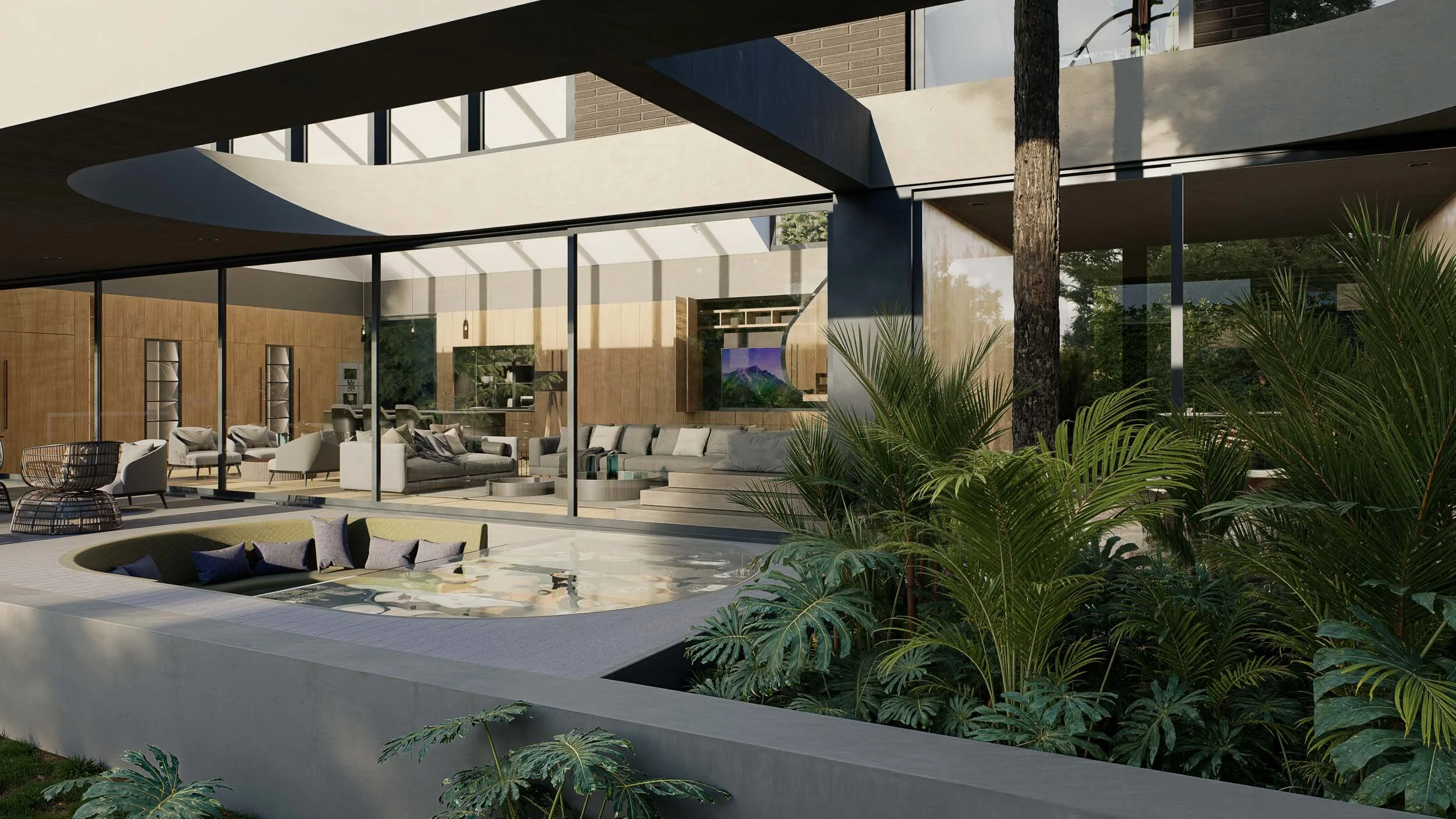 Terraza y jardín de Casa BOMO con un jacuzzi integrado. Casa de arquitectura contemporánea diseñada por TOLEDO Estudio de Arquitectura en el oriente antioqueño en Colombia.