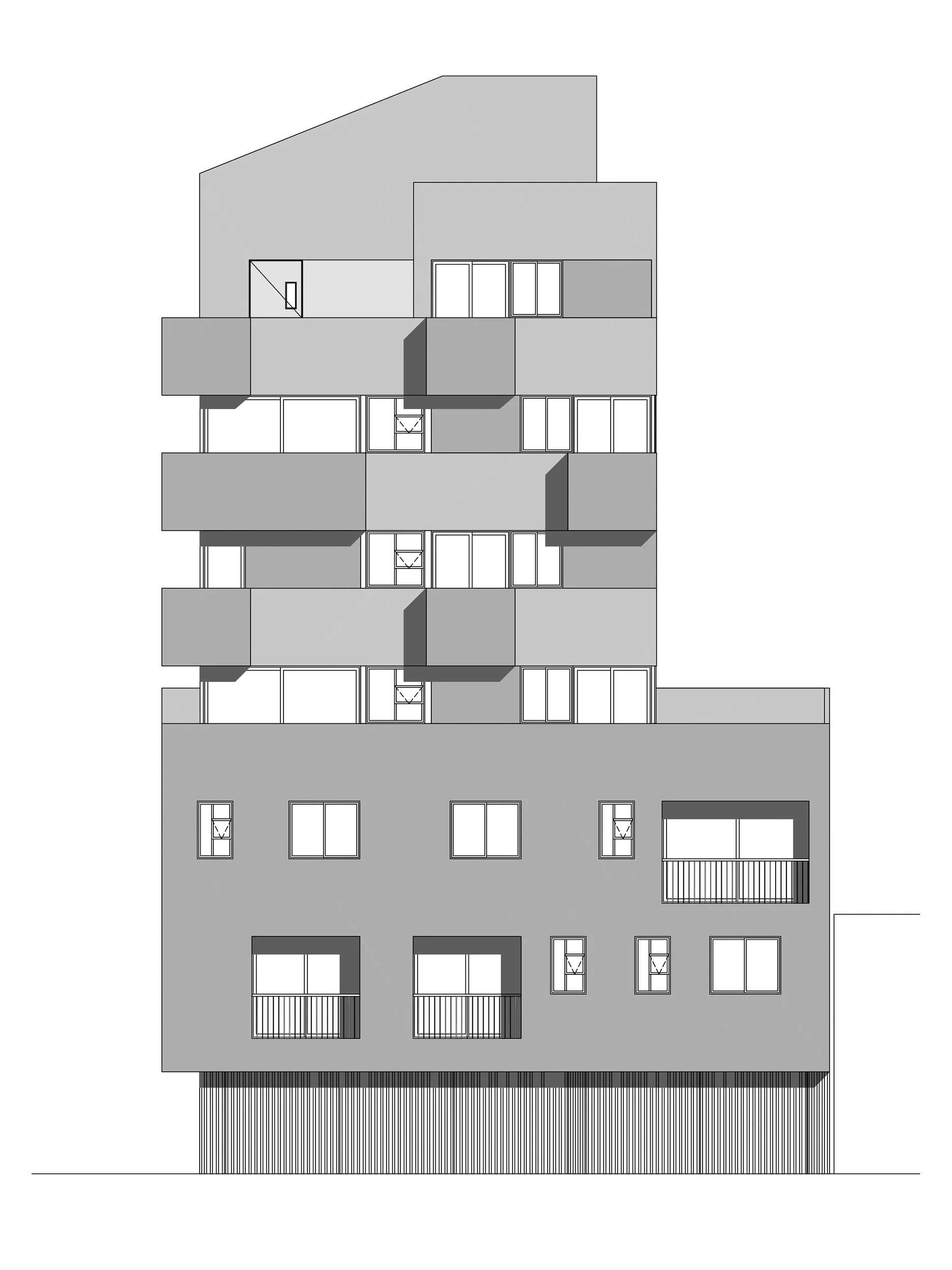 Fachada frontal de Liv37 donde se muestran los balcones traslapados de los apartamentos. TOLEDO Estudio de Arquitectura fue el encargado de su diseño.
