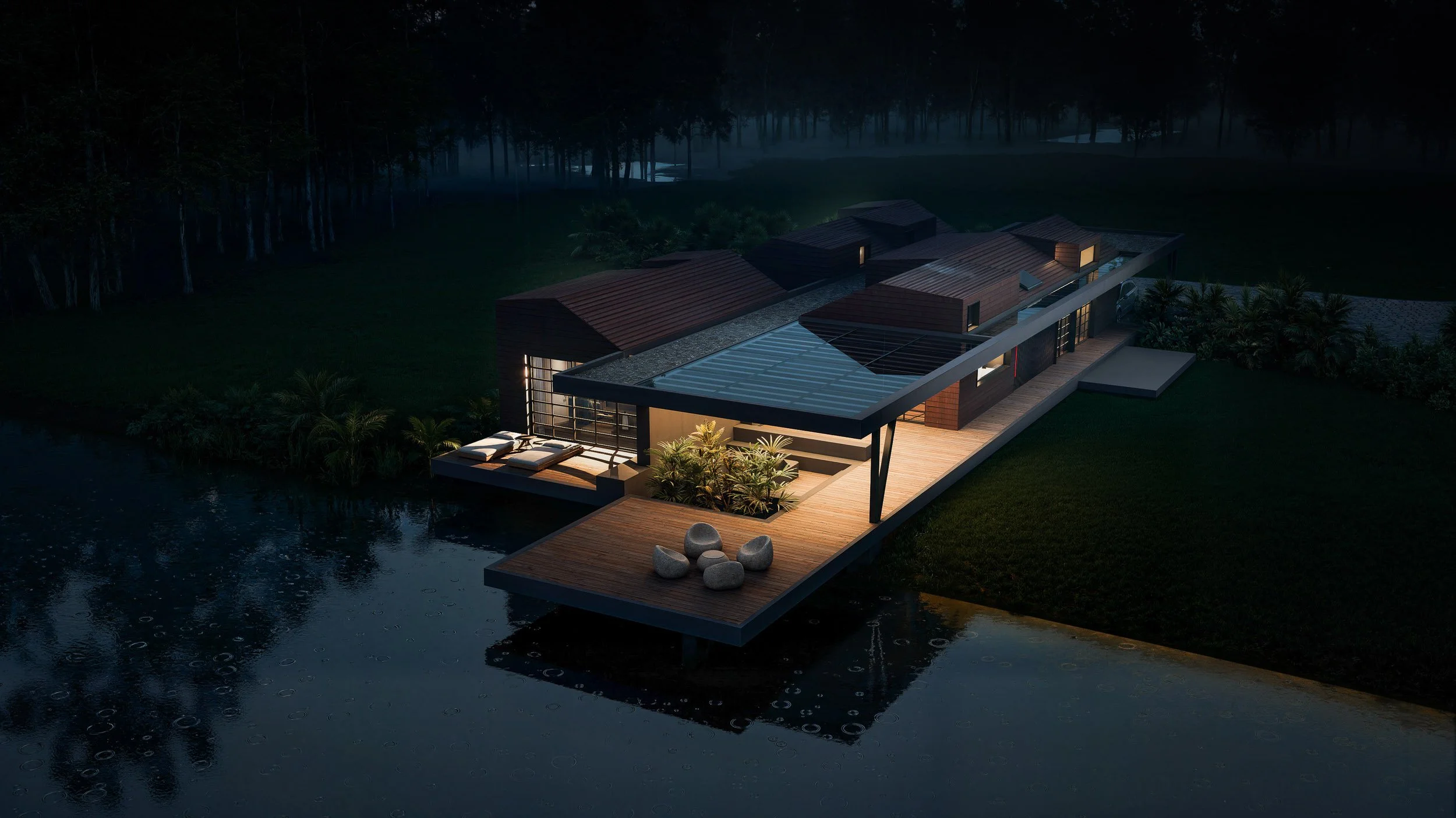 Casa CAJÚ, una casa moderna que se diseñó como un muelle sobre un lago en el Alto de las Palmas a las afueras de Medellín. Diseño de TOLEDO Estudio de Arquitectura.