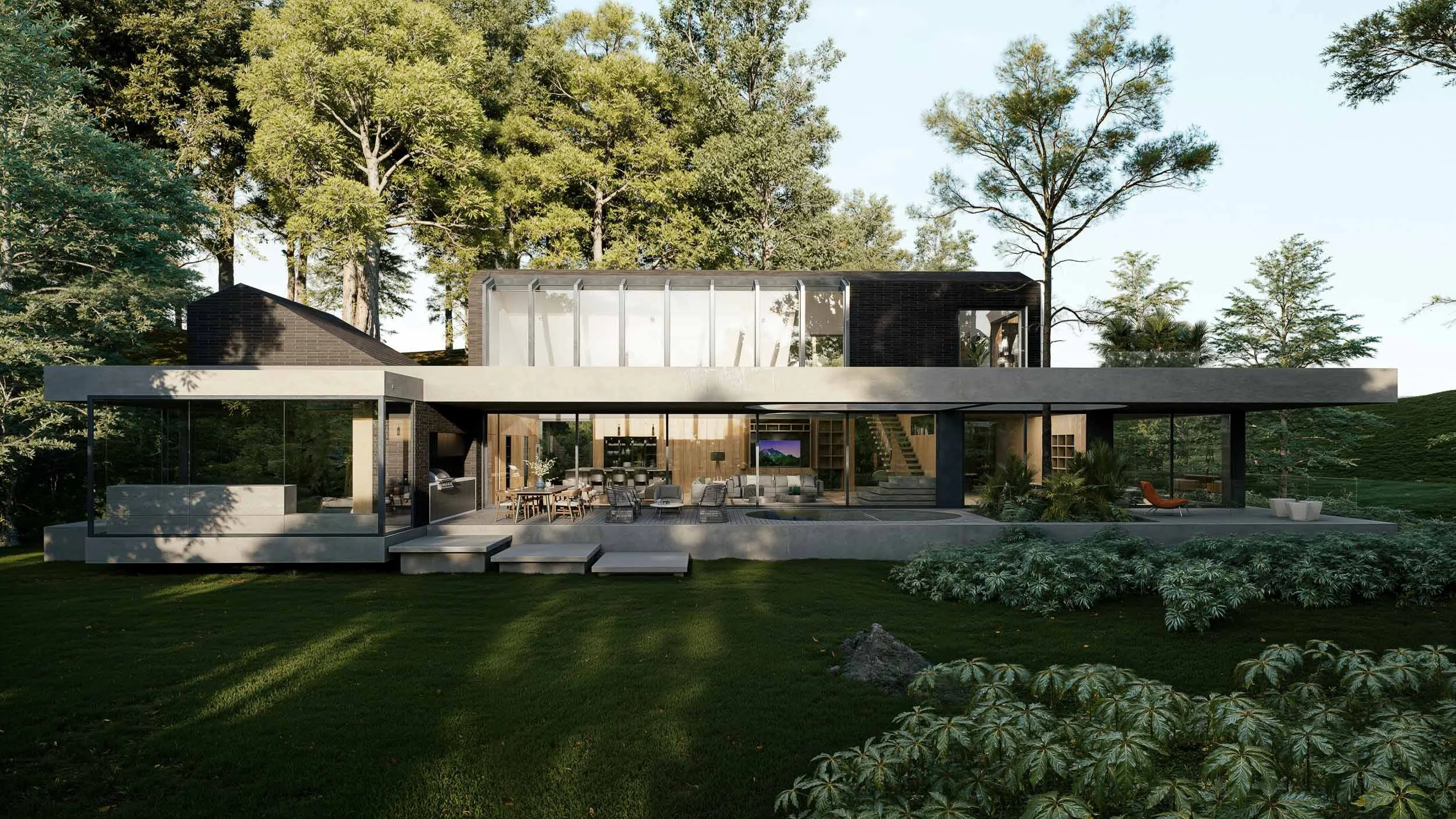 Casa BOMO, una vivienda moderna de dos niveles en medio de naturaleza, con áreas al aire libre y ventanas grandes. Diseñada por TOLEDO Estudio de Arquitectura en El Retiro, Antioquia, Colombia.